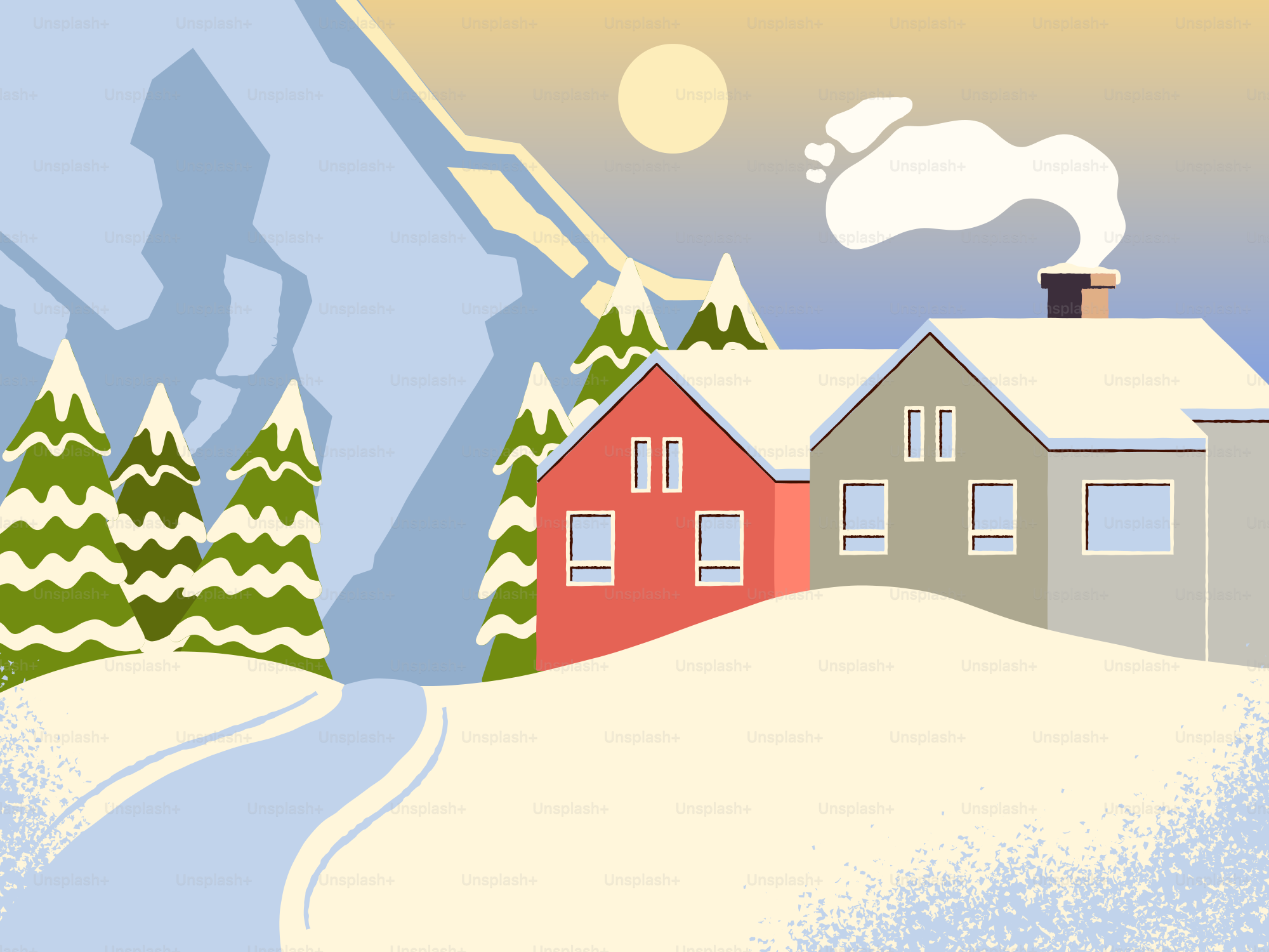 Snowy village nestled in mountains at sunset