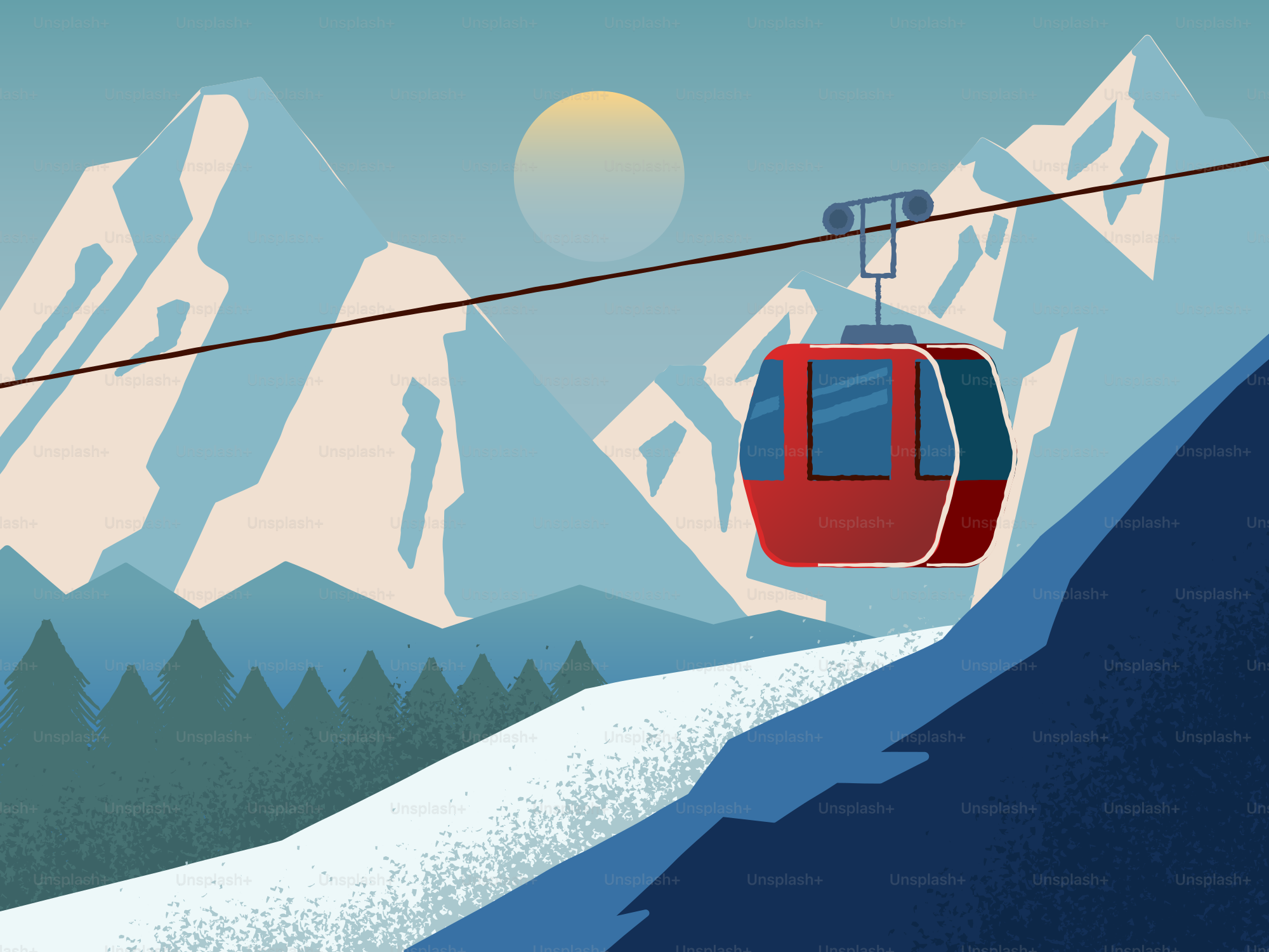 Red cable car ascending snowy mountain landscape