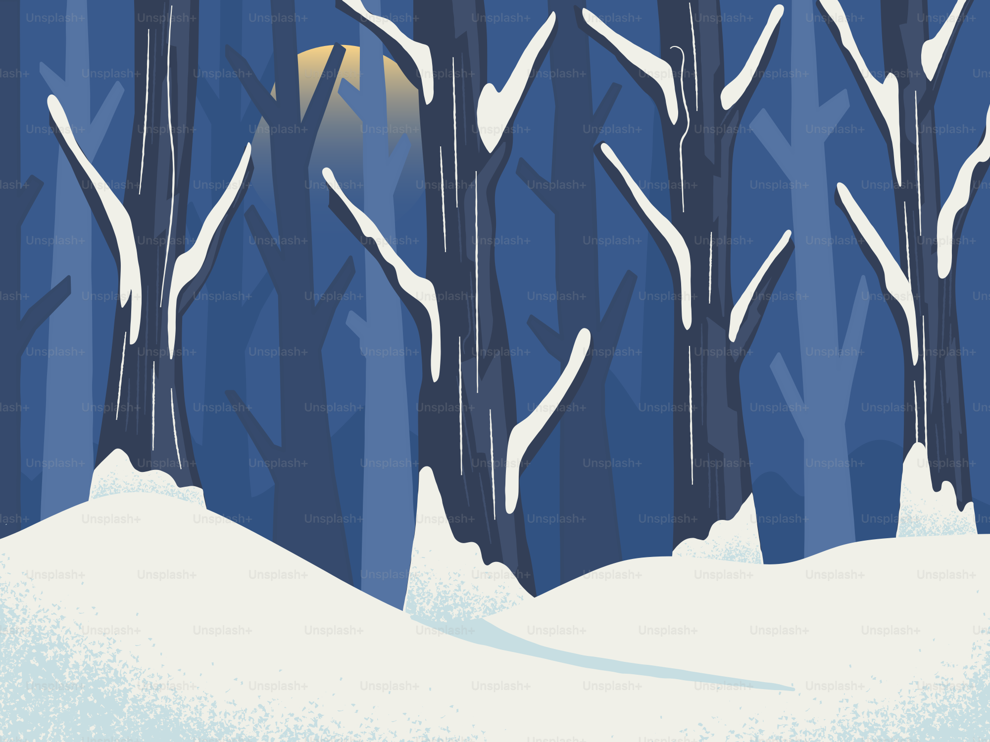 Snowy forest with a faint light in background