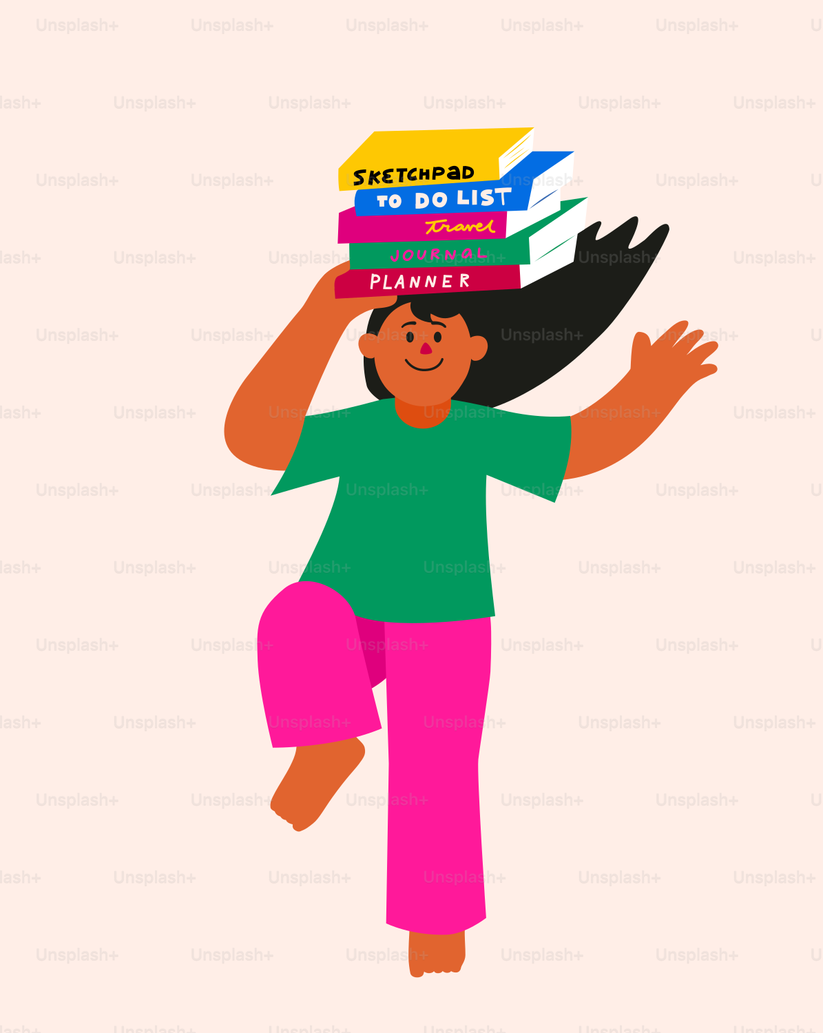 Person balancing books on their head while walking