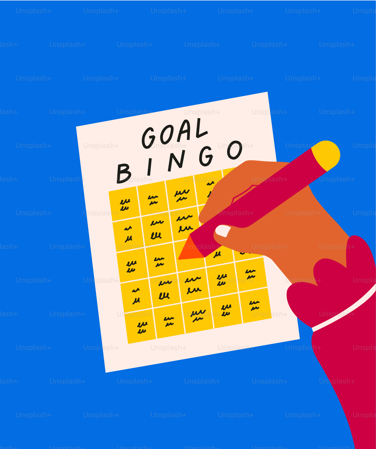 Hand marking goal bingo card with pen
