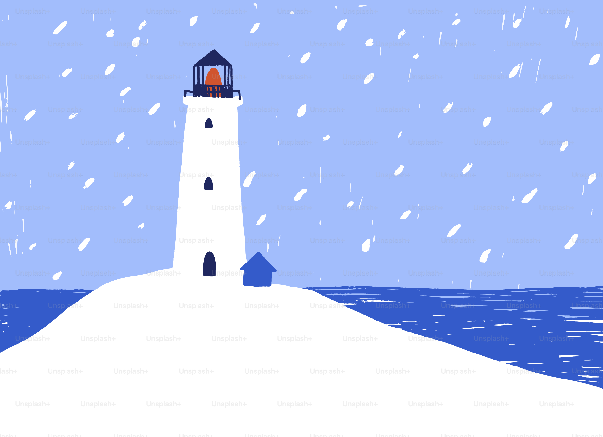A white lighthouse on a snowy hill by the ocean.