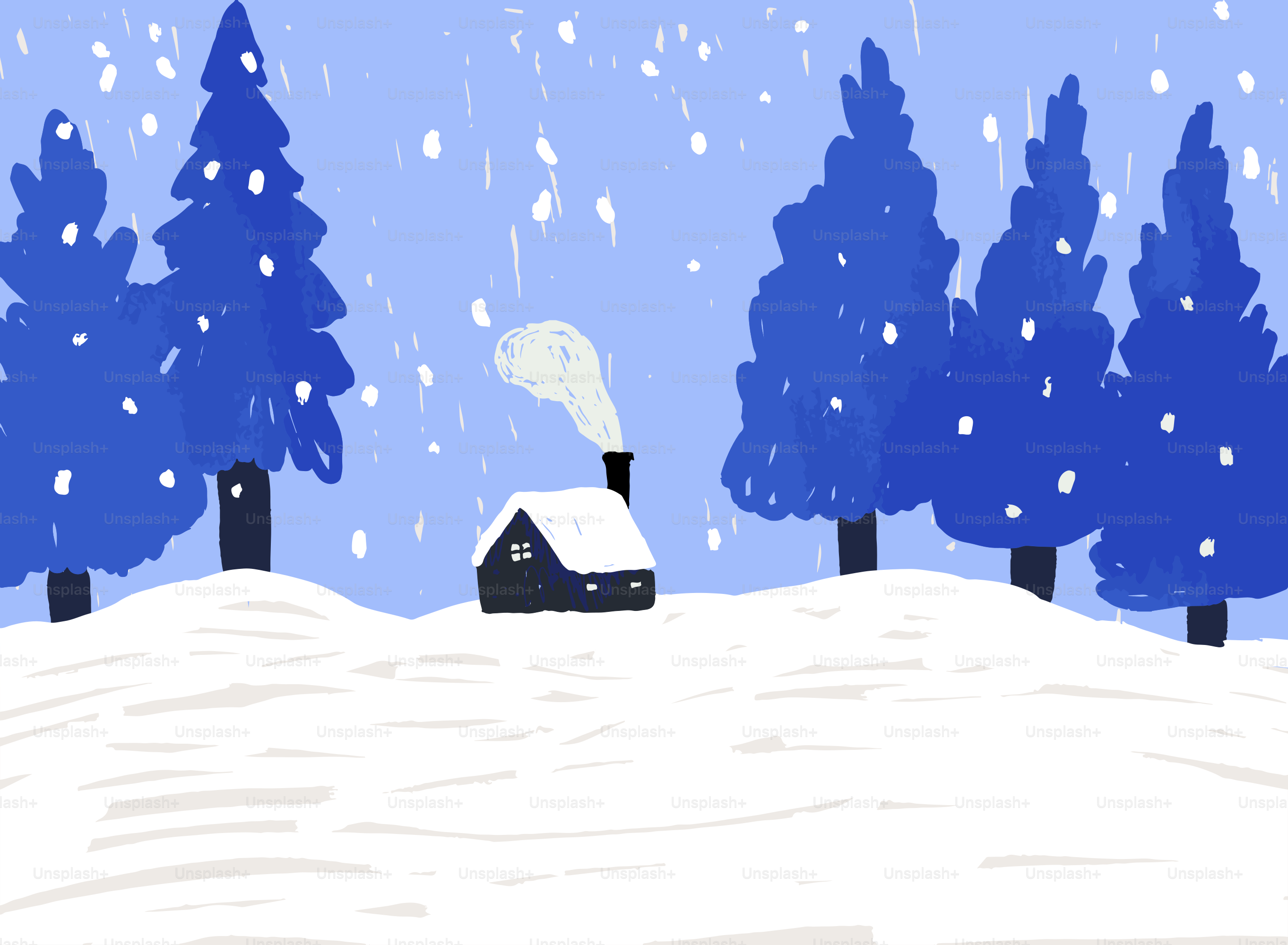 La nieve cae sobre una pequeña cabaña en un bosque azul.