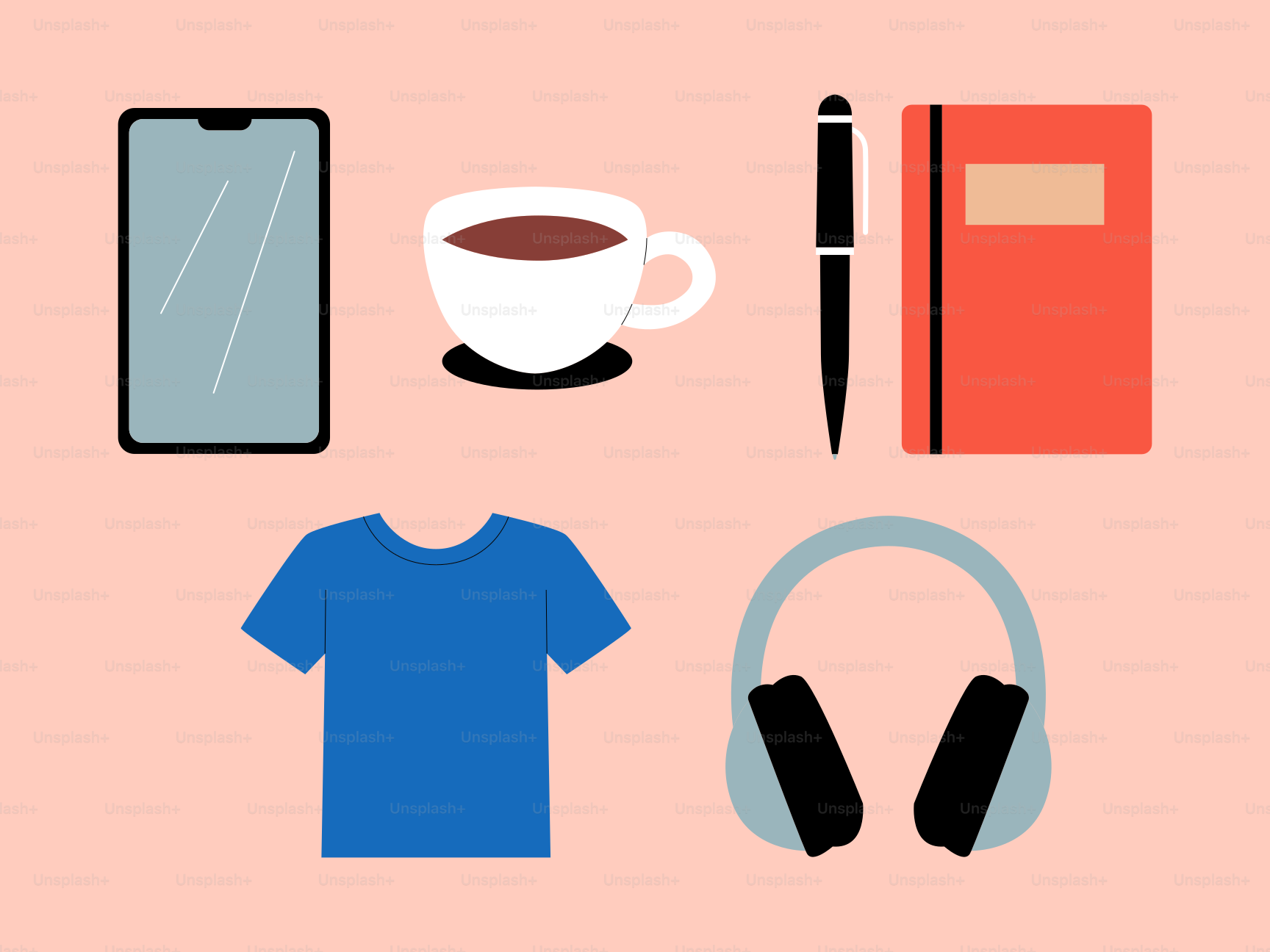 電話、コーヒー、ペン、本、シャツ、ヘッドフォンの平置き