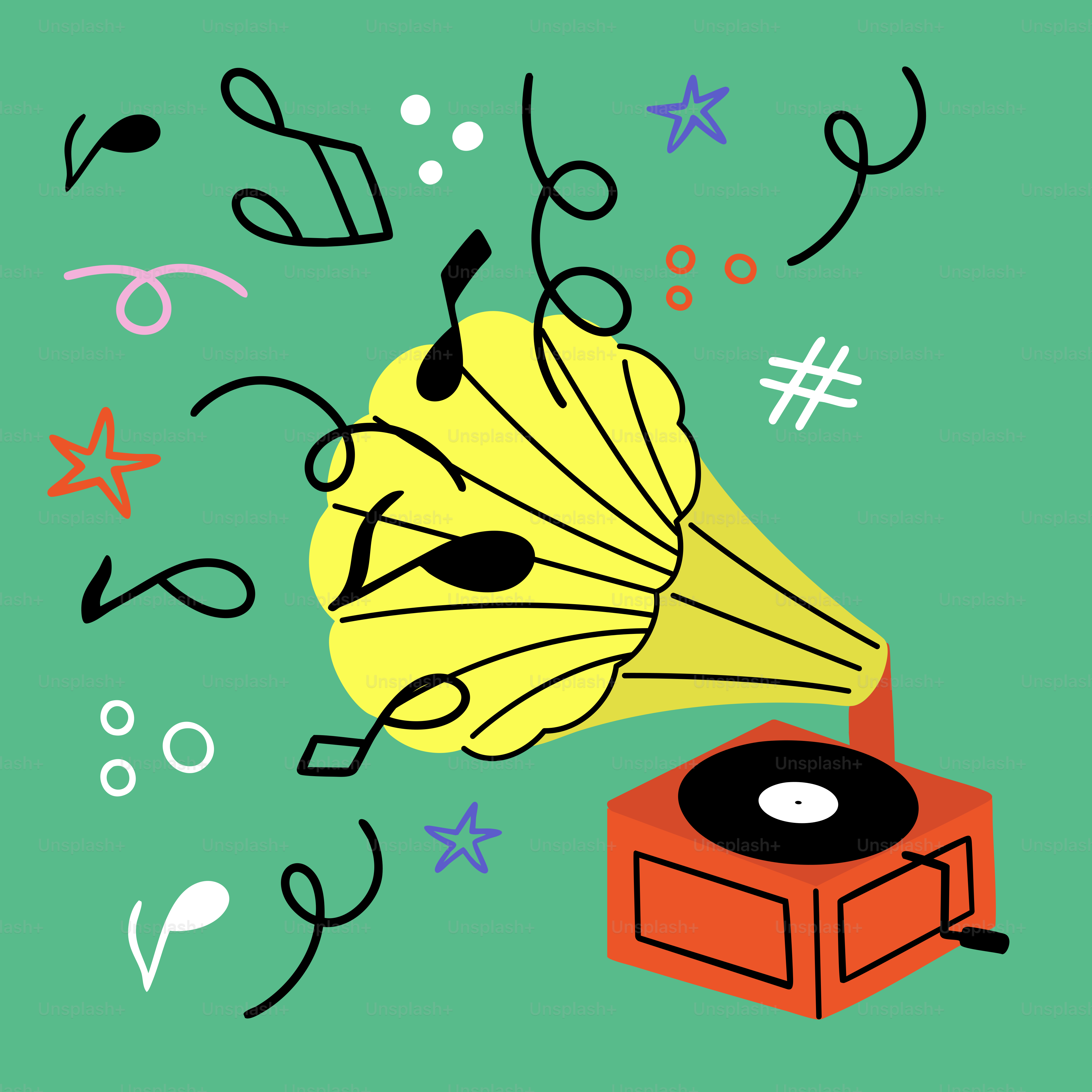 Vintage record player with musical notes and stars