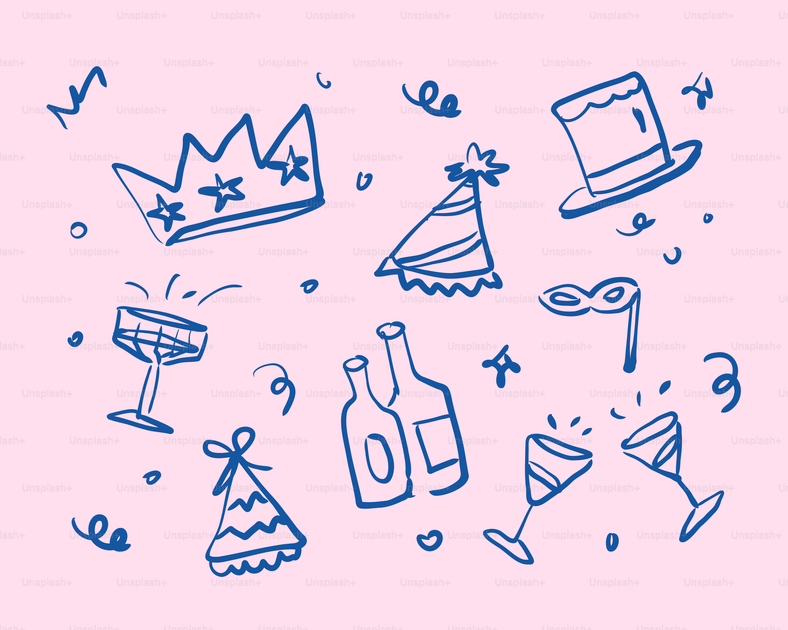 Party elements like crowns, hats, and drinks.