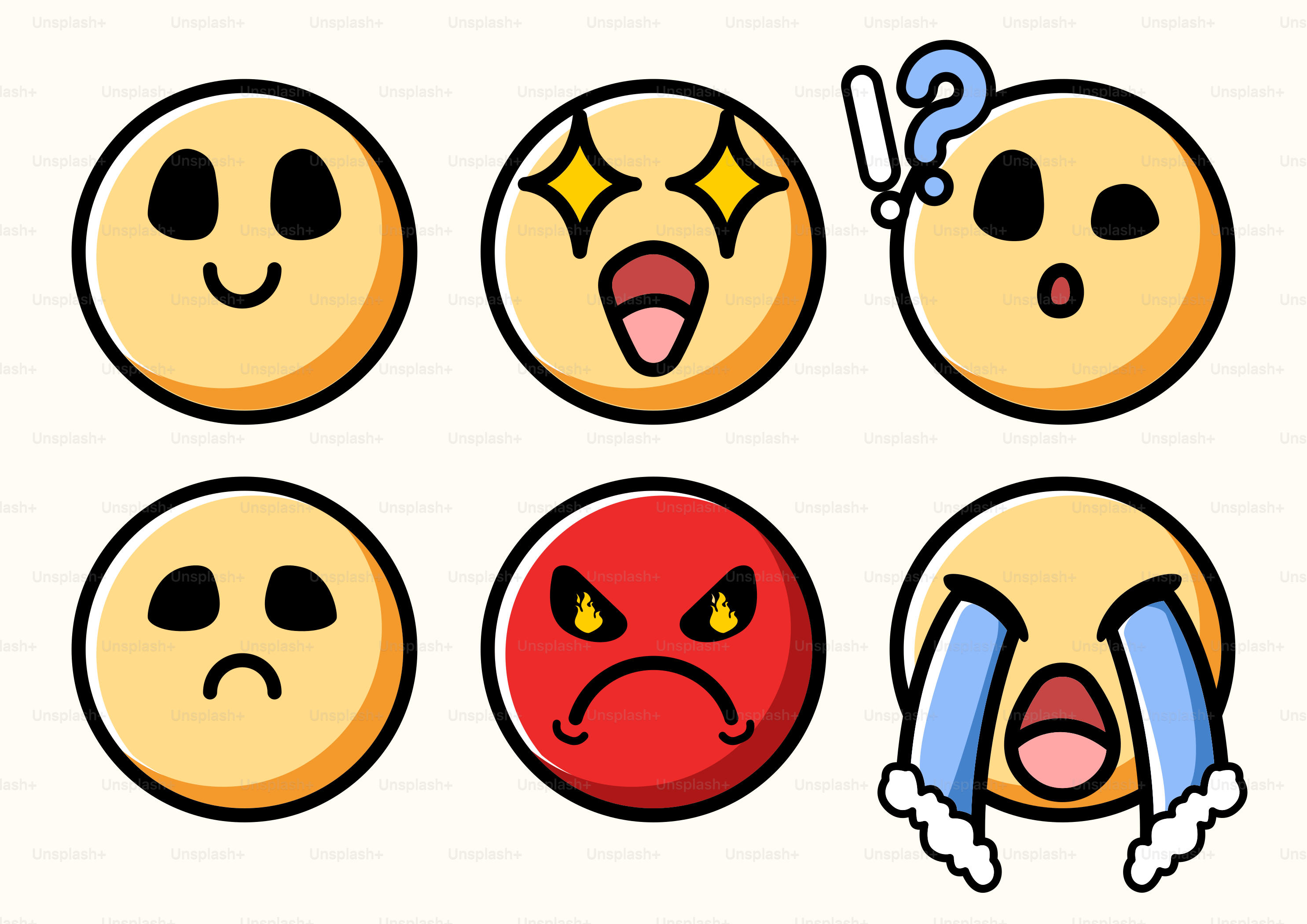 Six cartoon faces showing different emotions