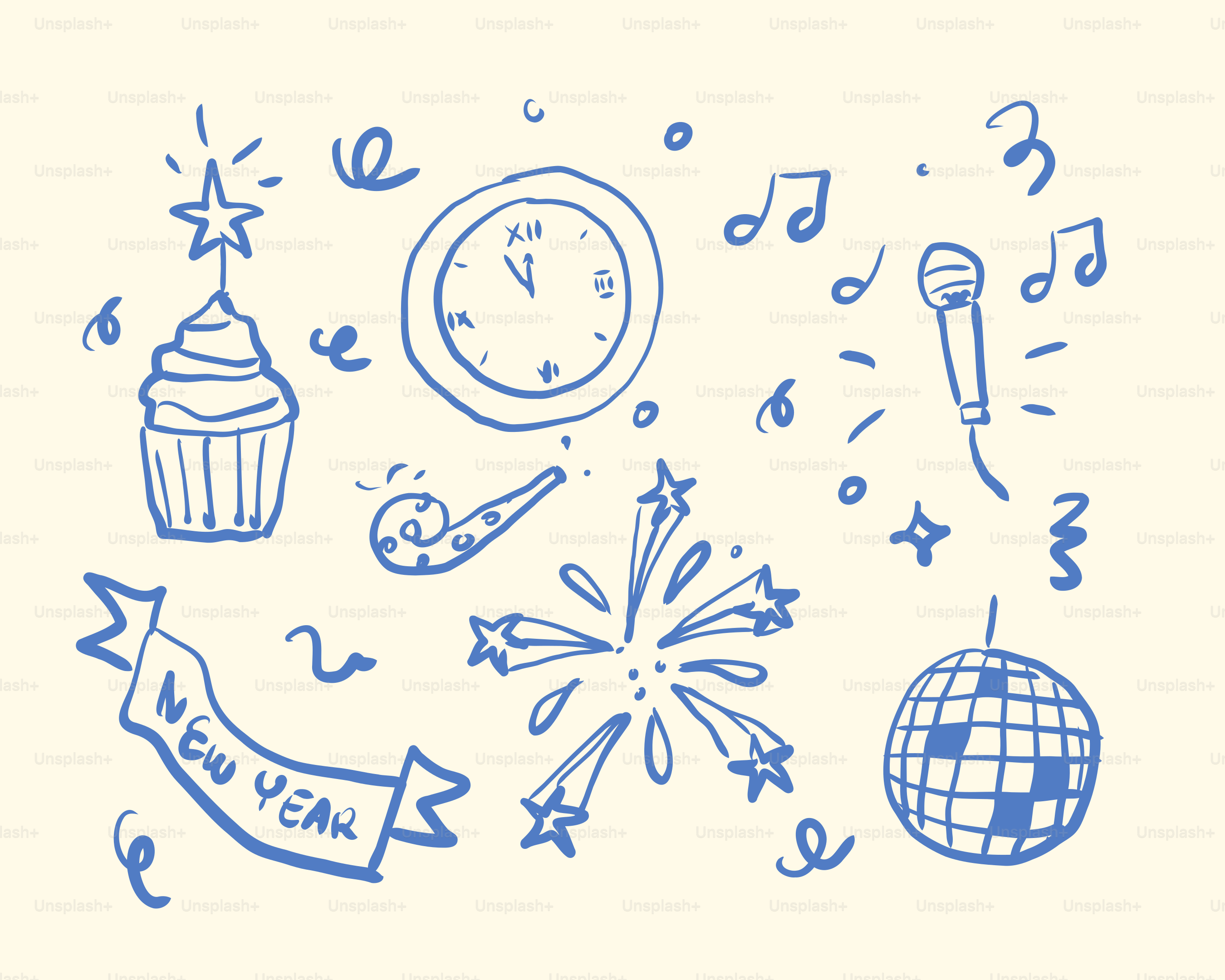 New year celebration doodles with clock and disco ball.