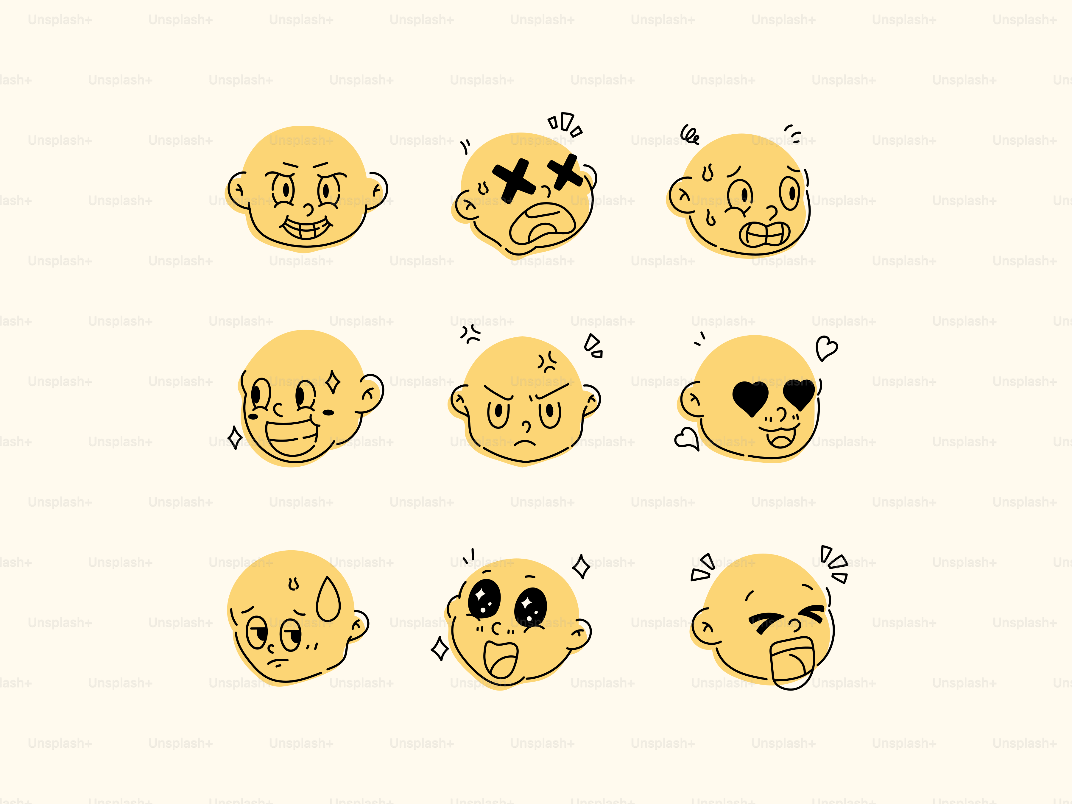 異なる感情を示す9つの漫画の顔