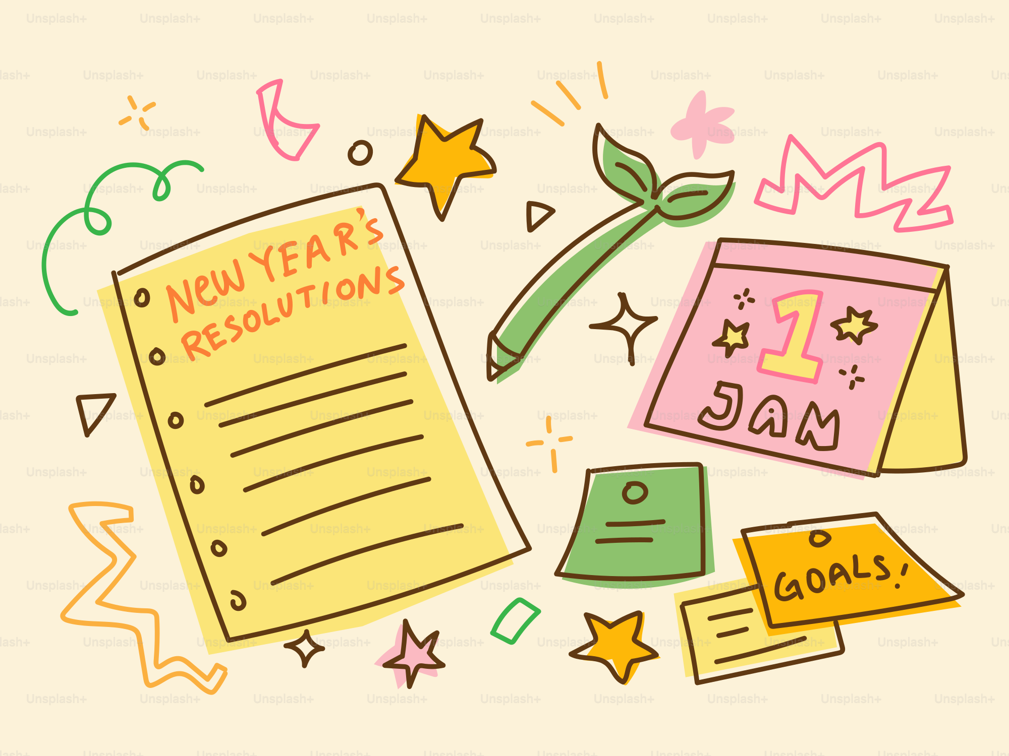 Lista de propósitos y metas de año nuevo con calendario.