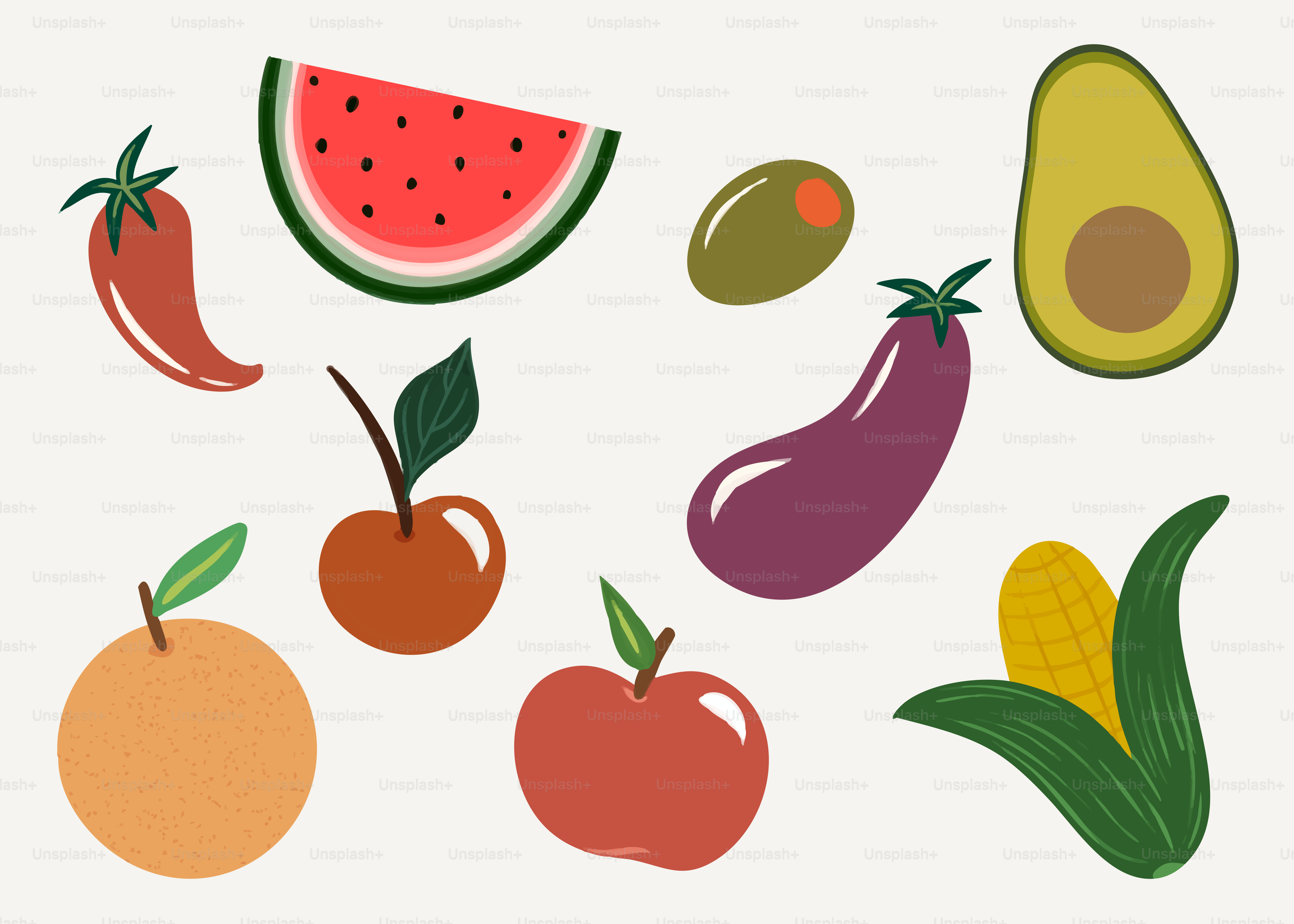 Assortment of fresh fruits and vegetables on light background