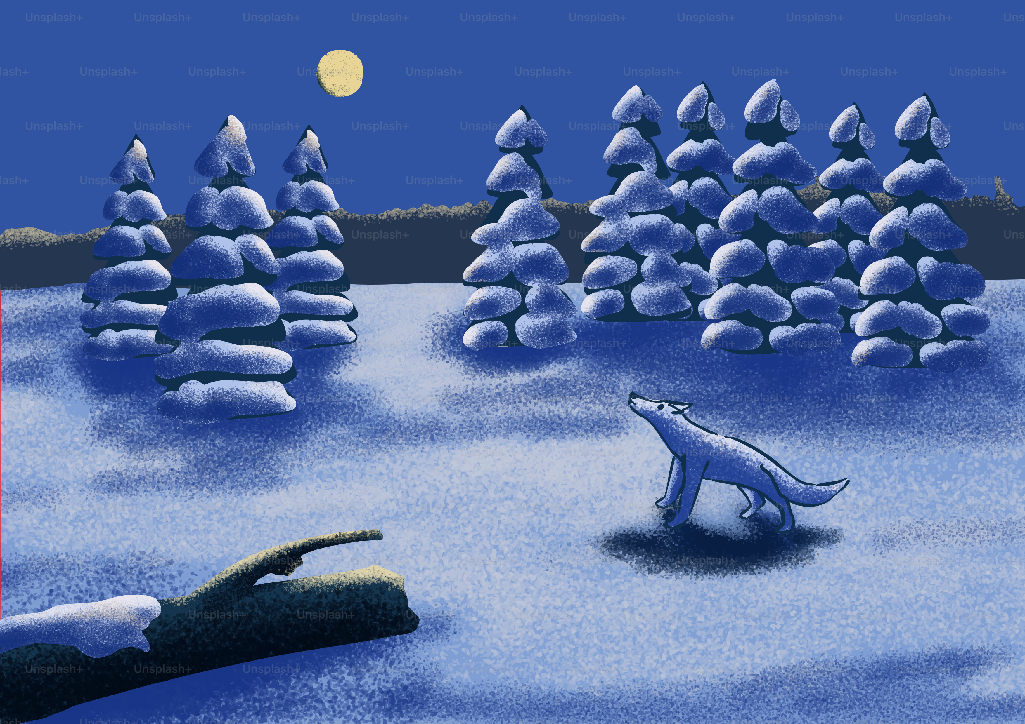 A wolf howls at the moon in a snowy forest.