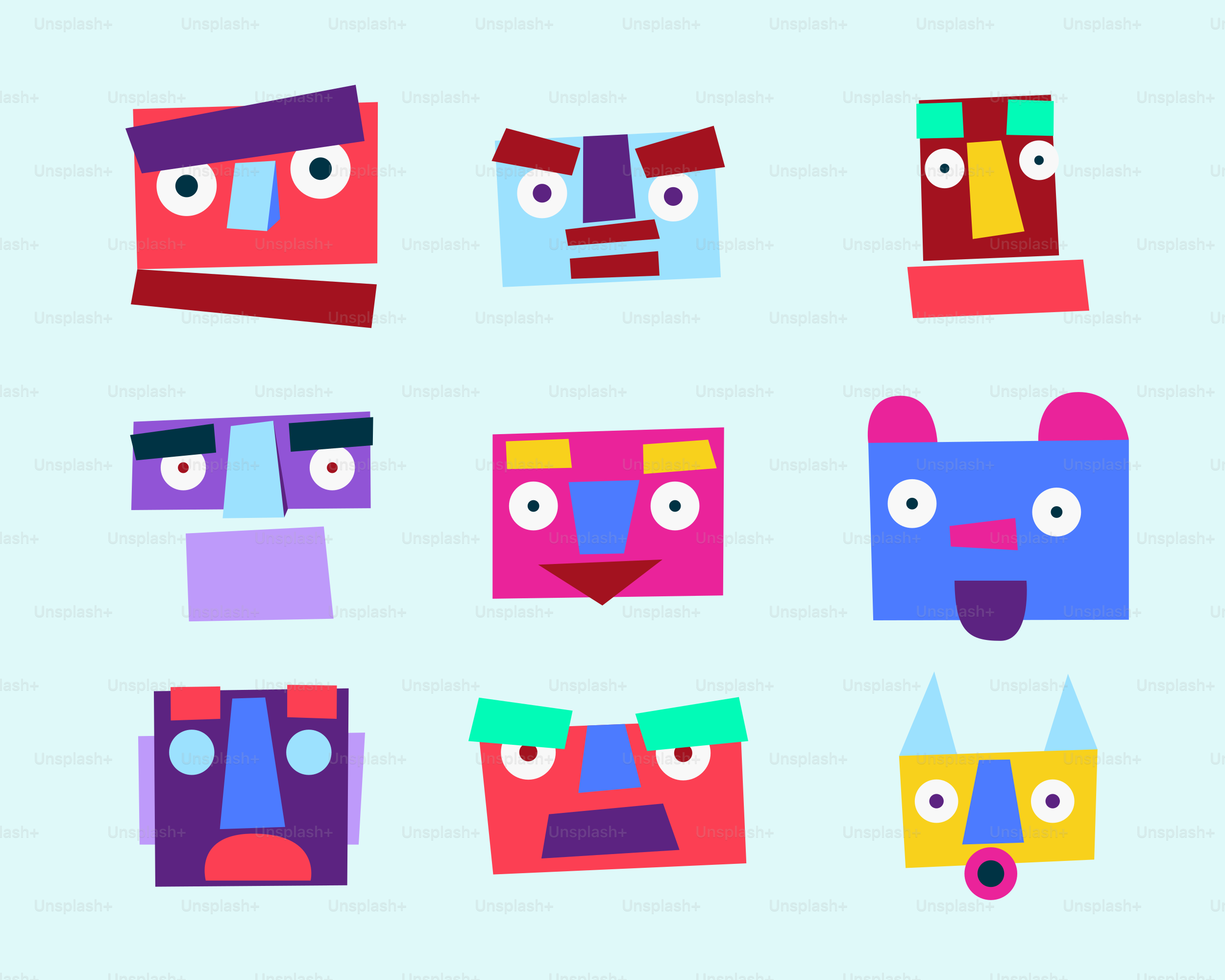 Neun farbenfrohe abstrakte Gesichter auf hellblauem Hintergrund