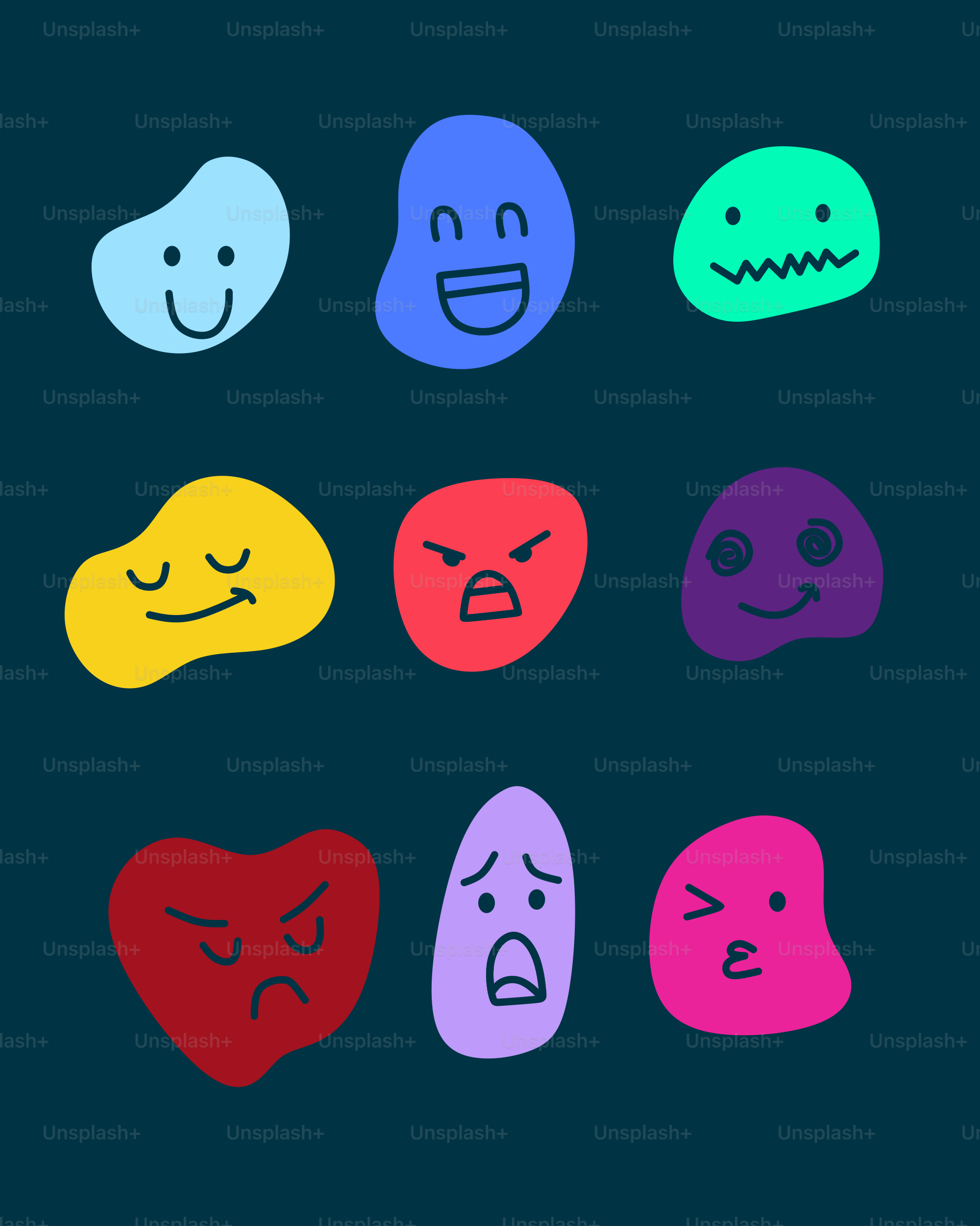 Neun abstrakte Klumpen mit verschiedenen Cartoon-Gesichtern.