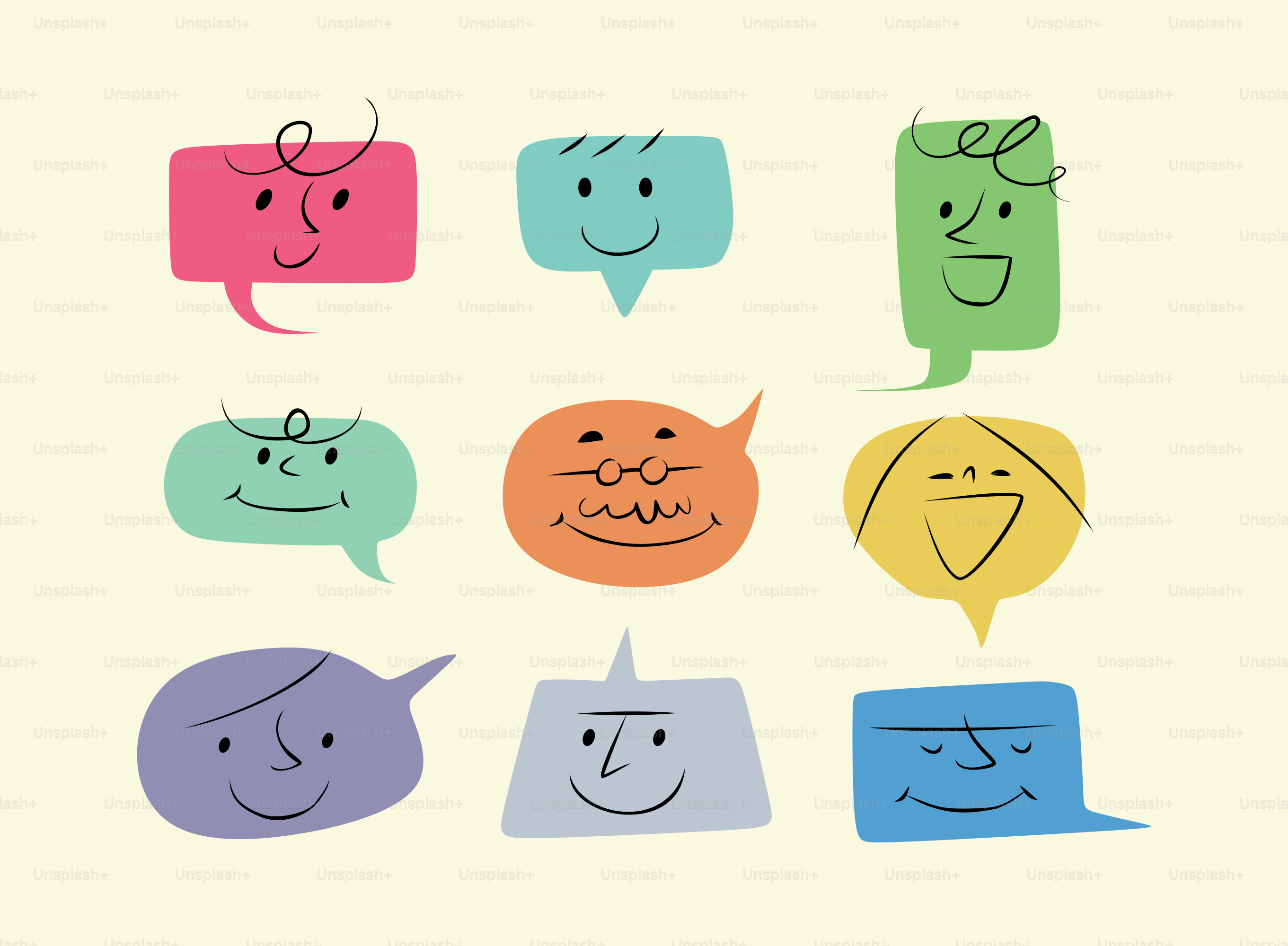 Neun bunte Sprechblasen mit Gesichtern