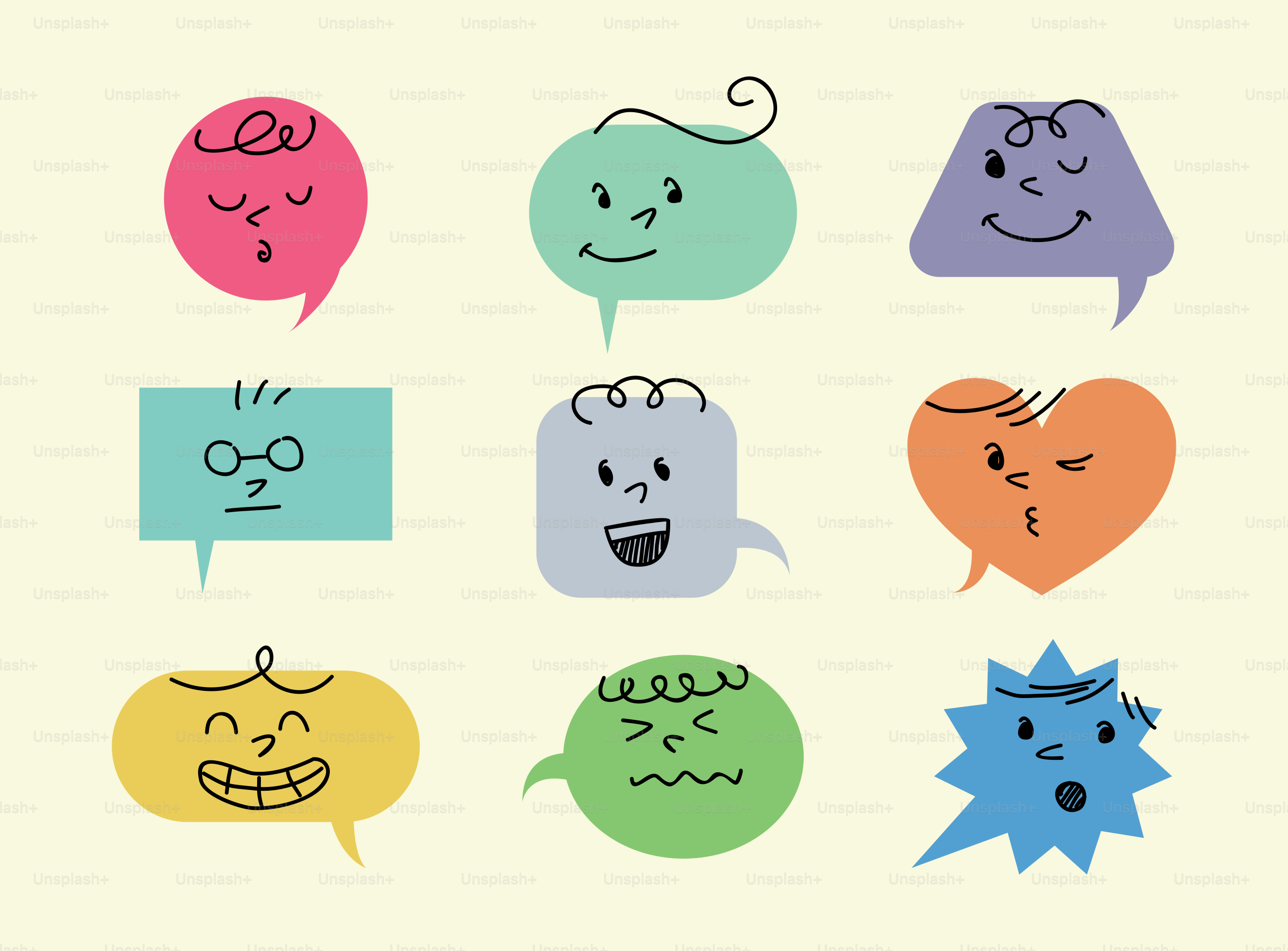 Neun Zeichentrick-Sprechblasen mit Gesichtern