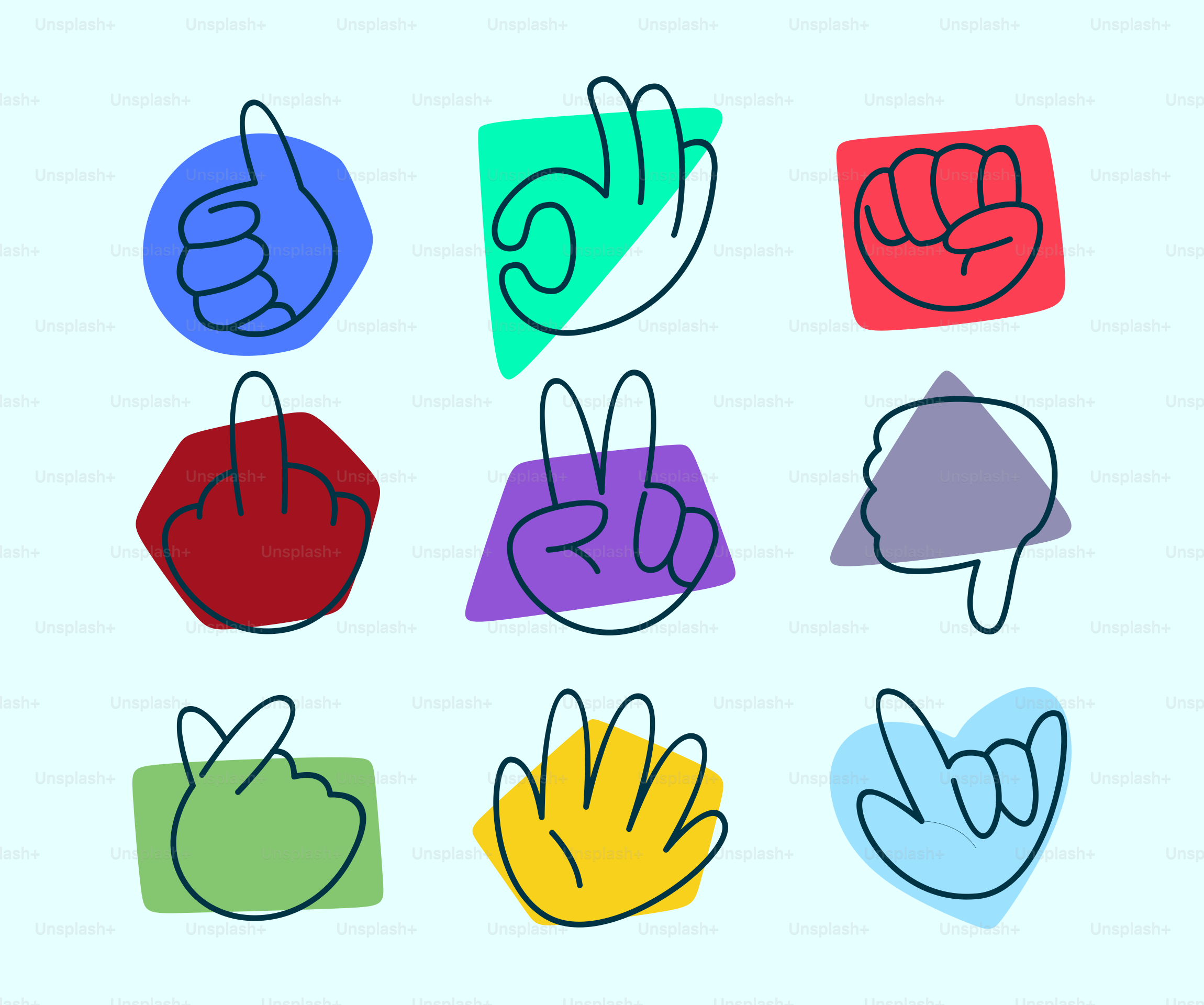 Collection of colorful hand gesture icons on light blue background