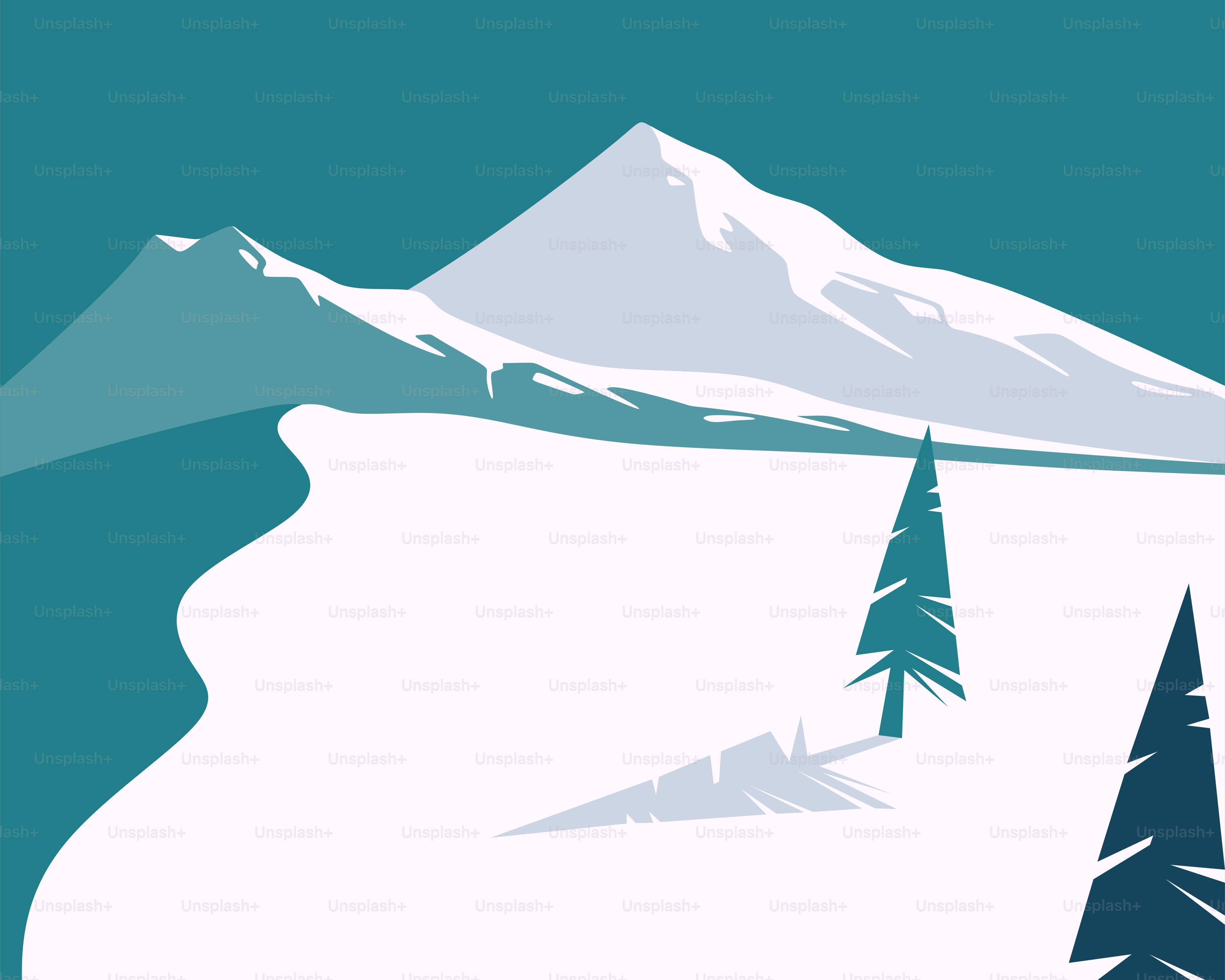 Snowy mountain landscape with pine trees