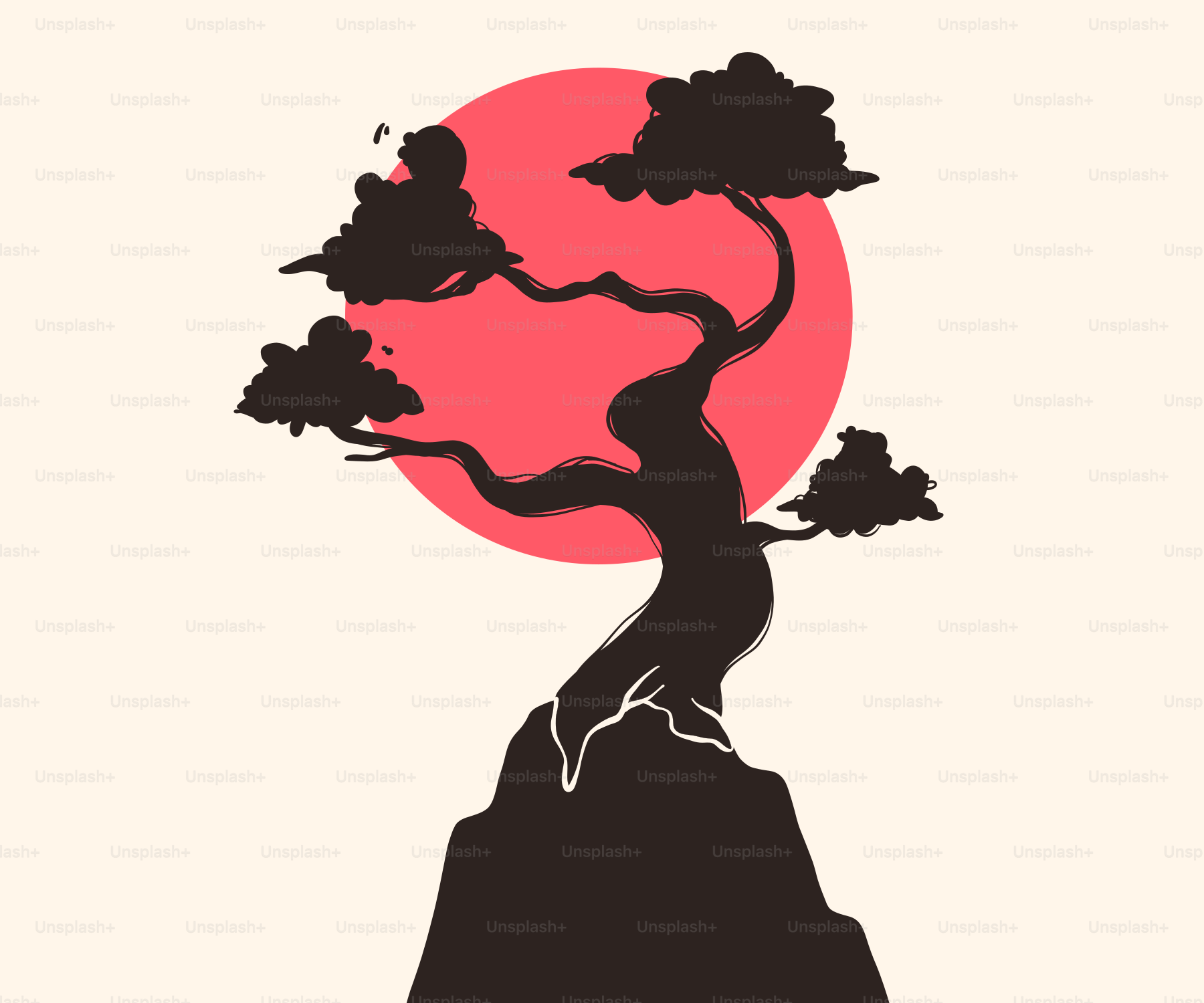 Silhouette of a bonsai tree against a red sun.