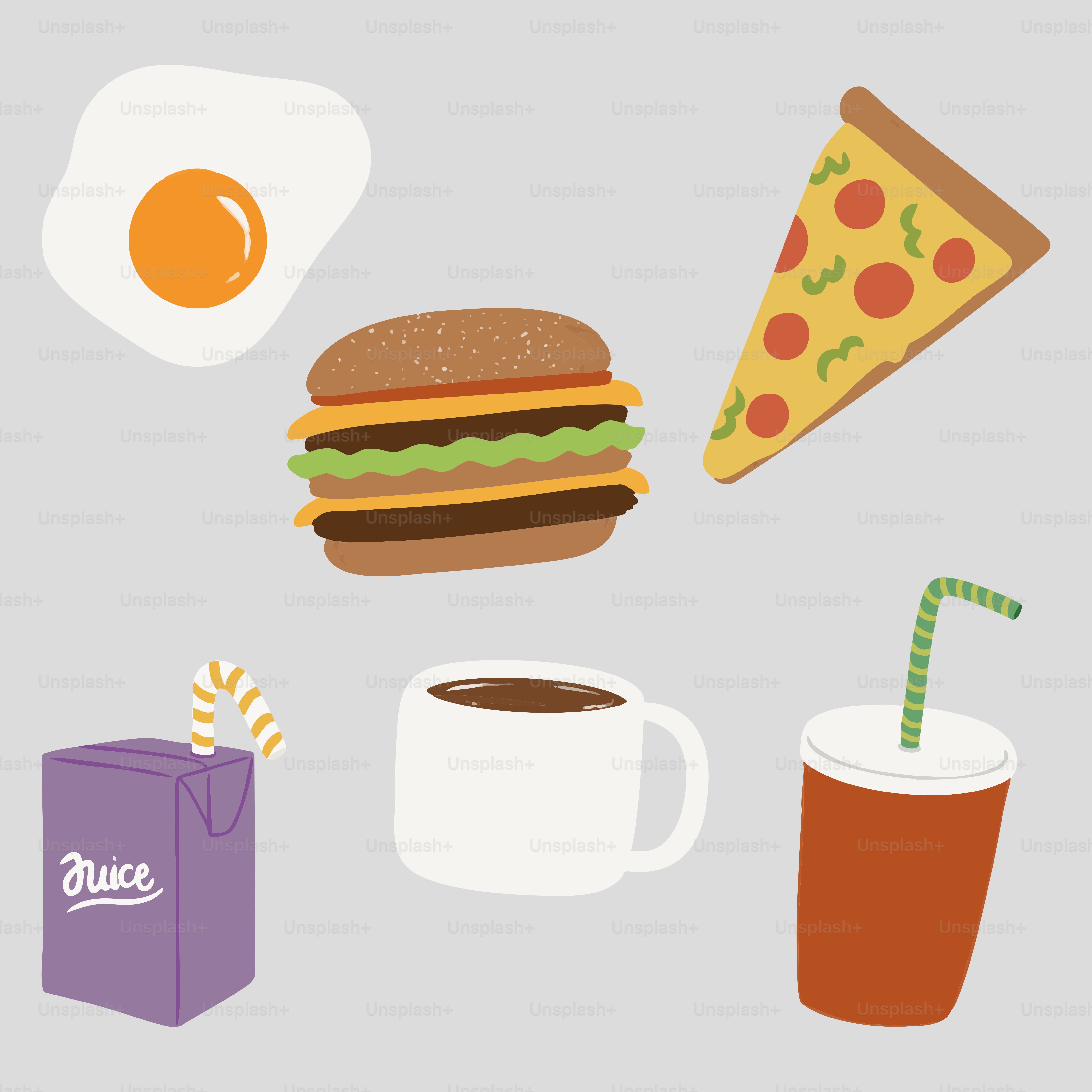A collection of breakfast and fast food items.