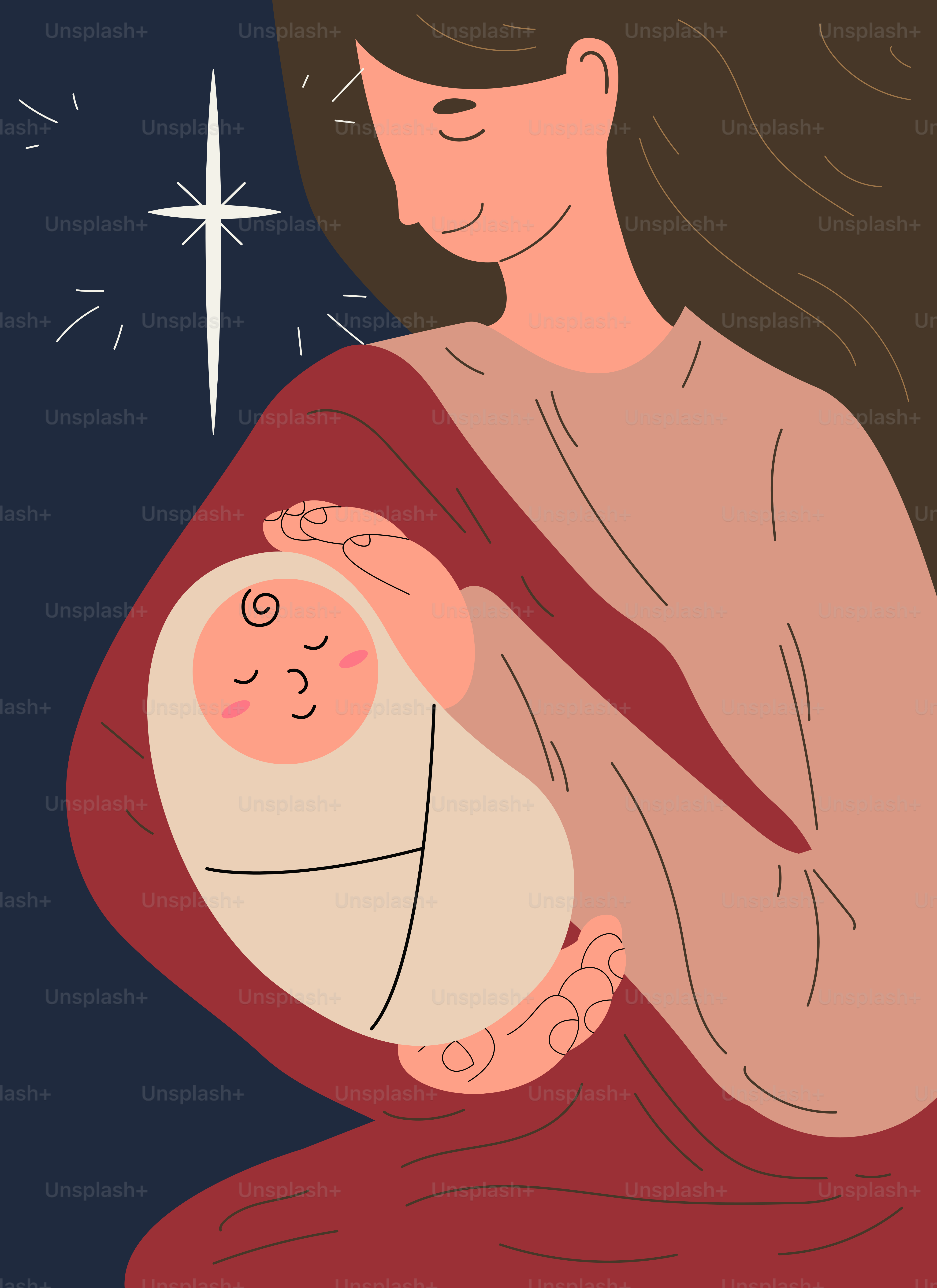 Mother holding a sleeping baby under a star