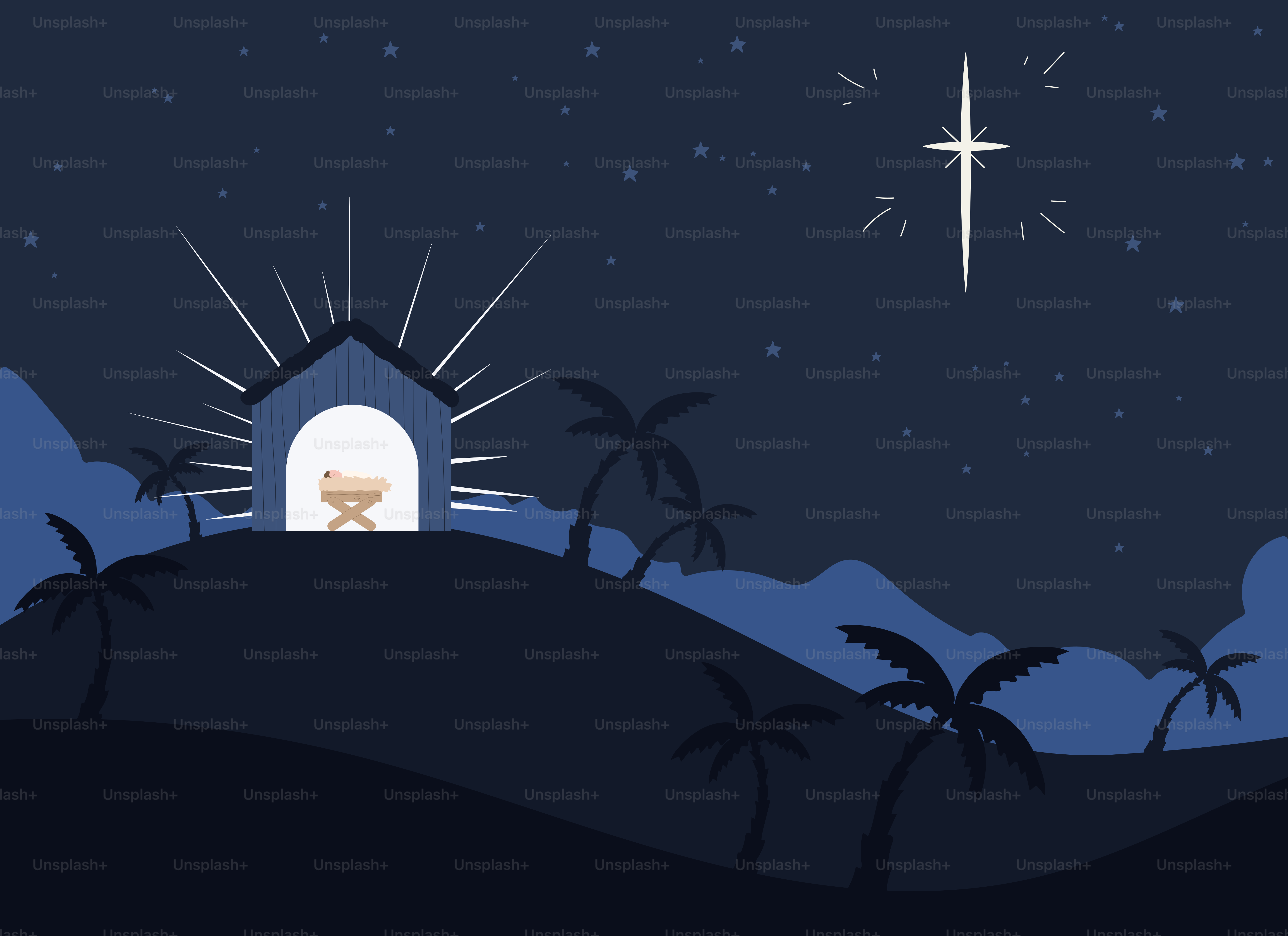 Nativity scene with star over stable and palm trees