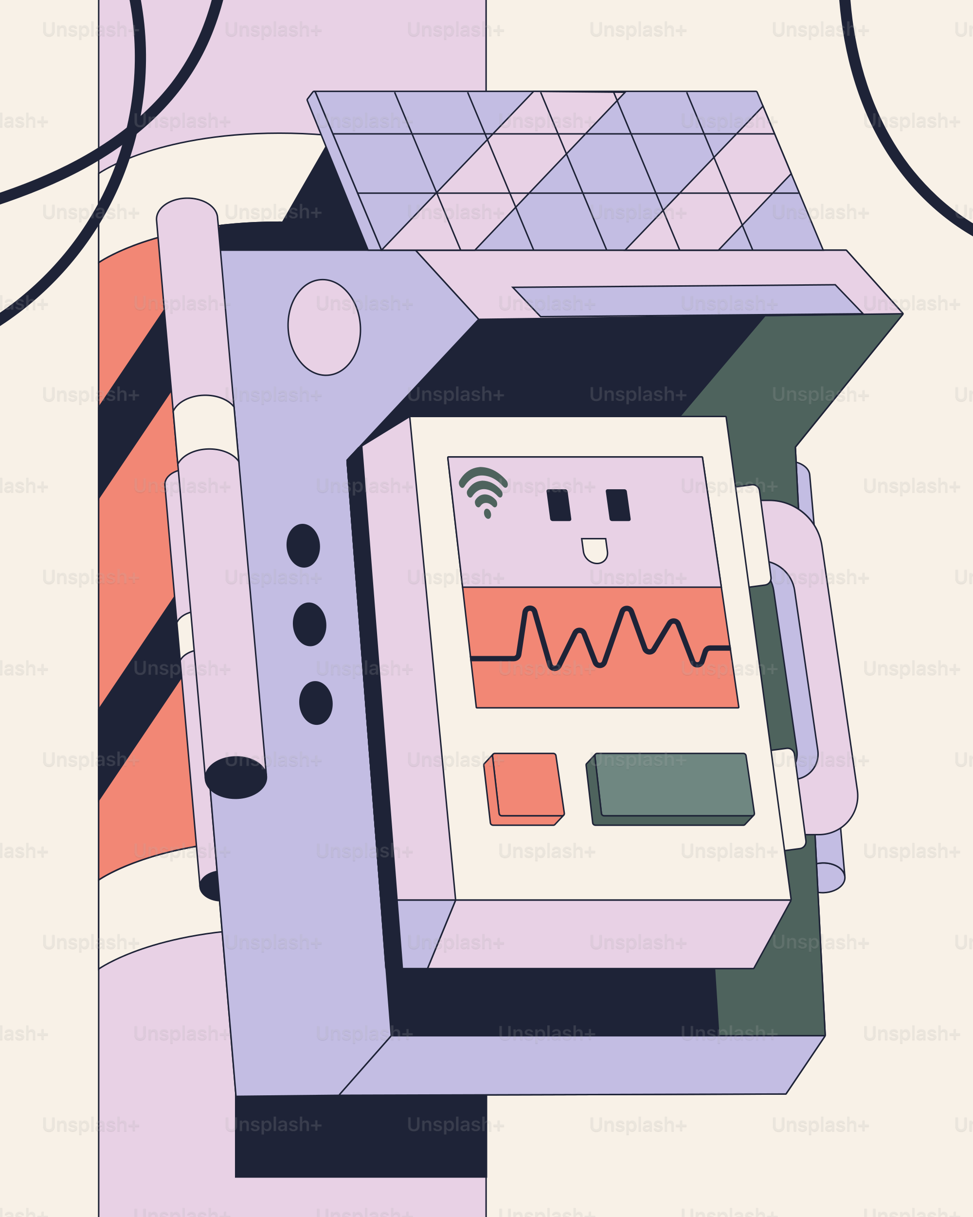 A stylized device with a screen displaying a heart monitor.