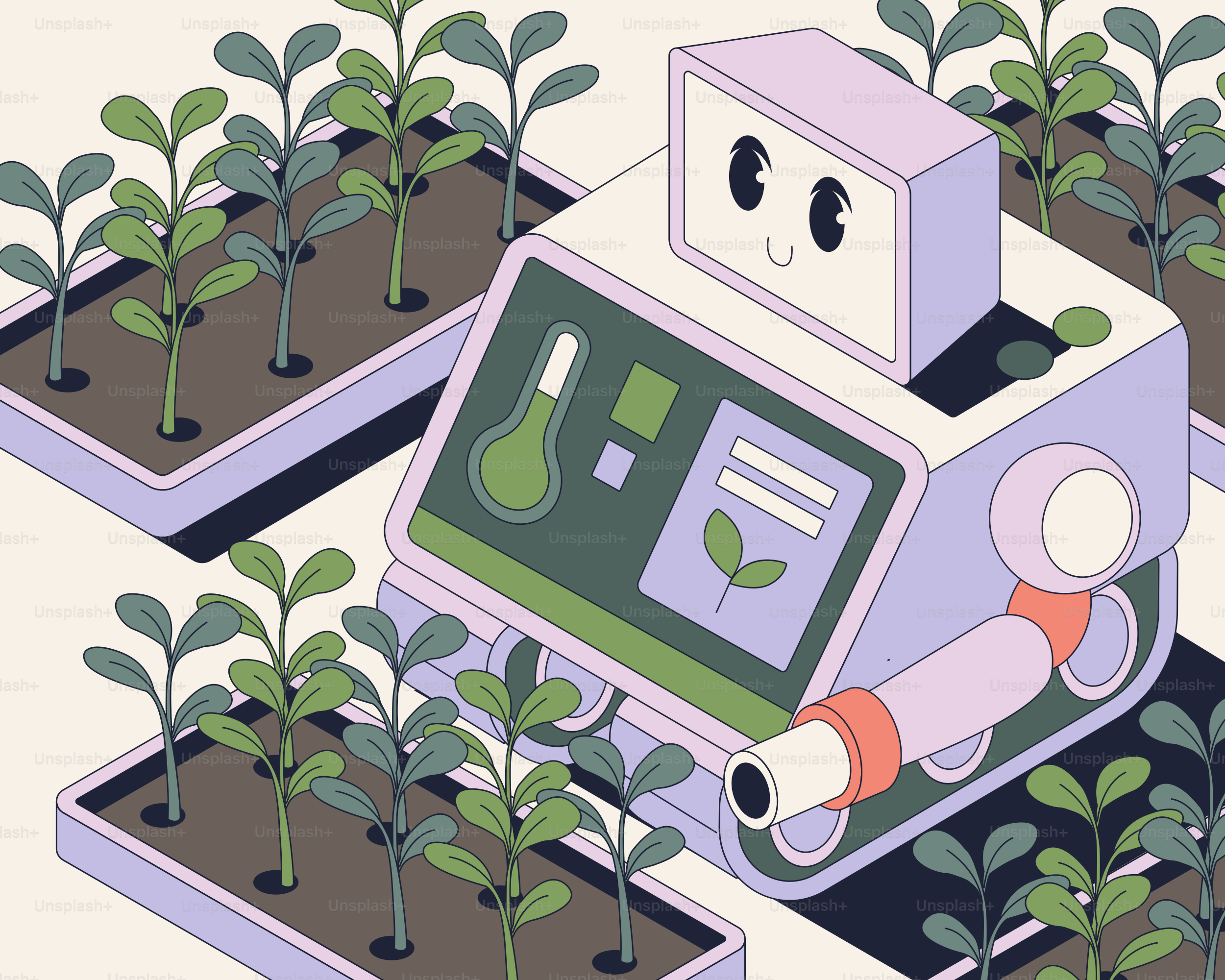 Robot tending to plants in a modern garden