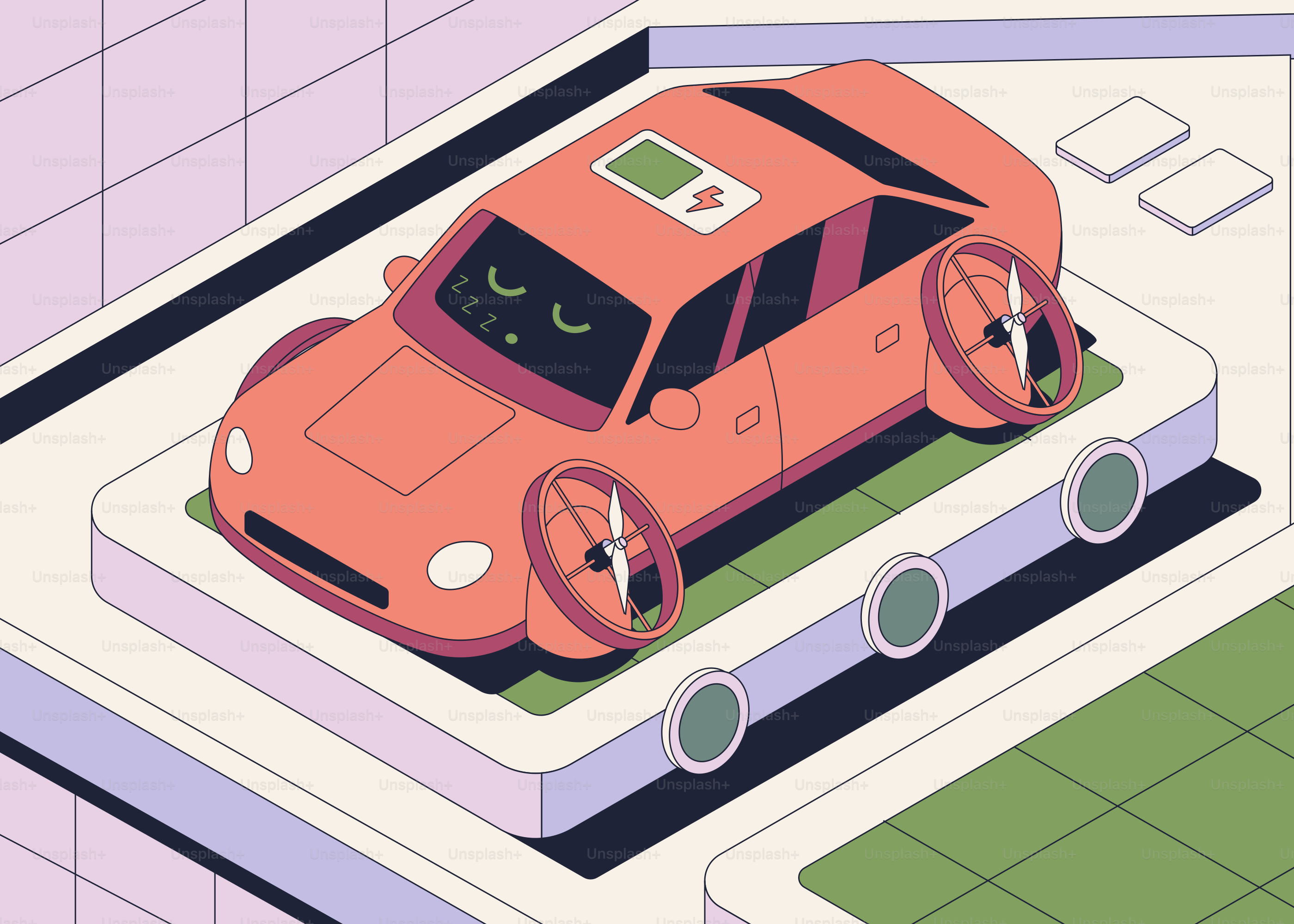 Orange futuristic car with propellers on a platform