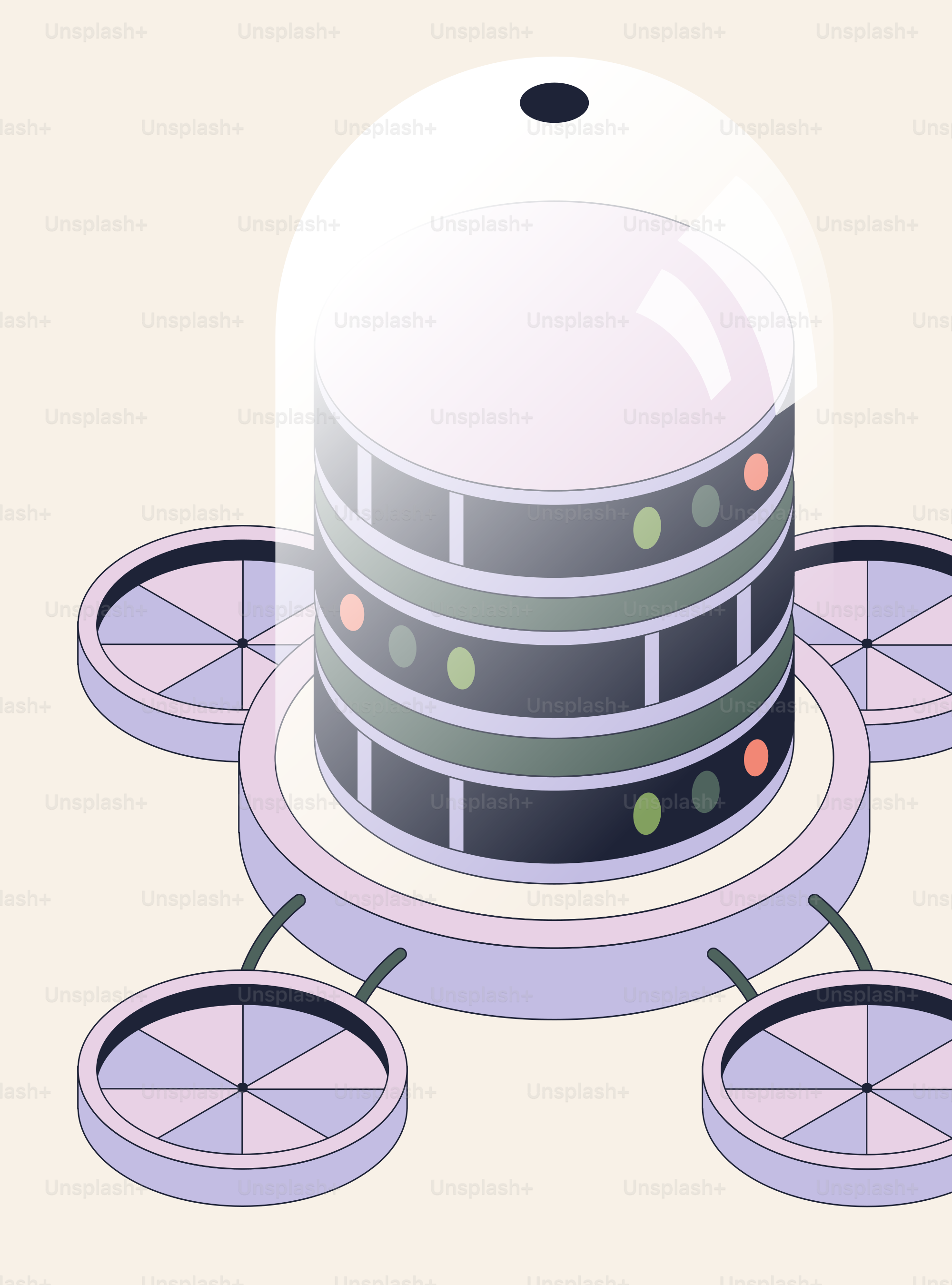 Server rack with connected components under glass dome.