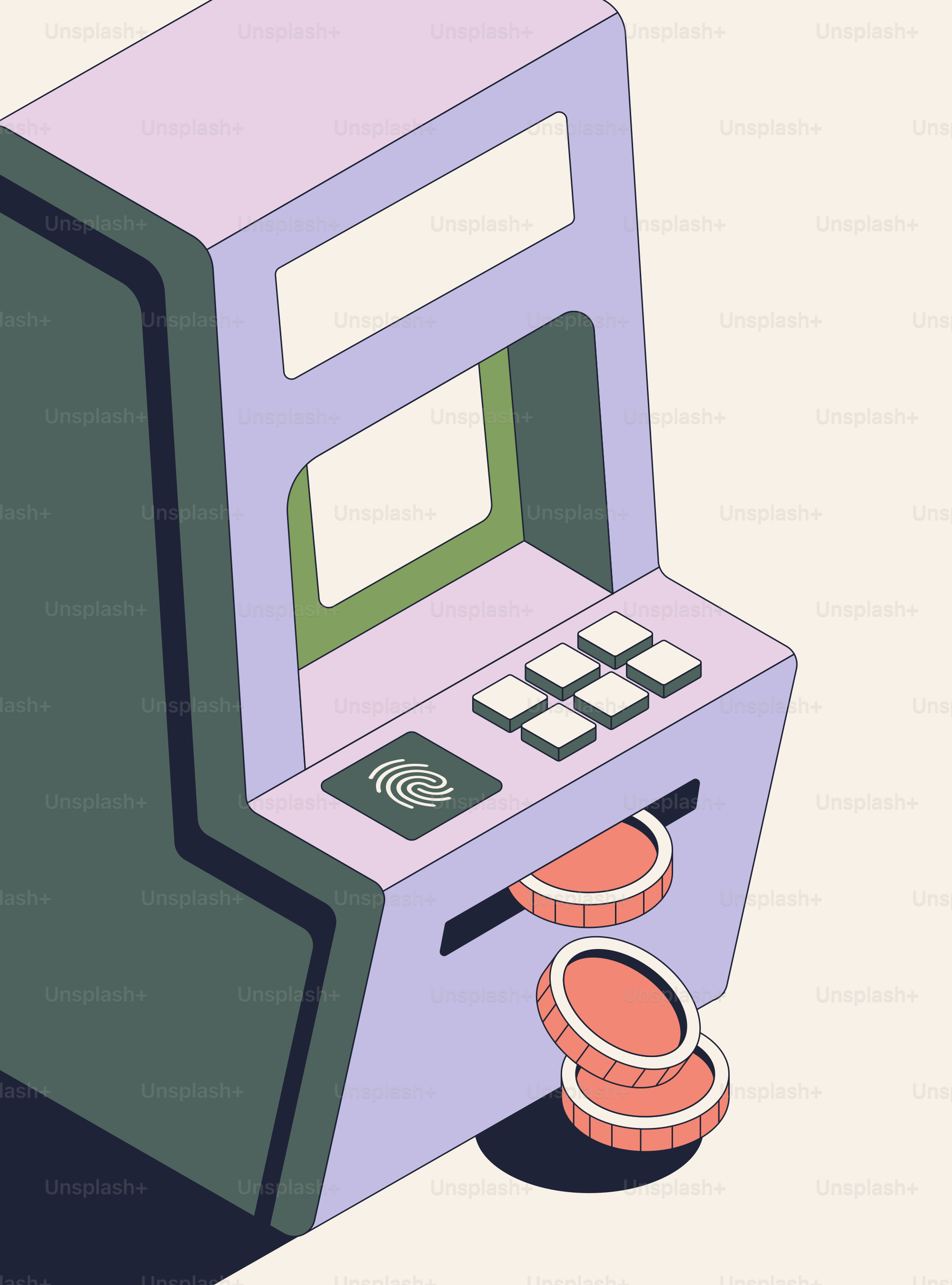 A purple and green arcade machine with coins dropping.