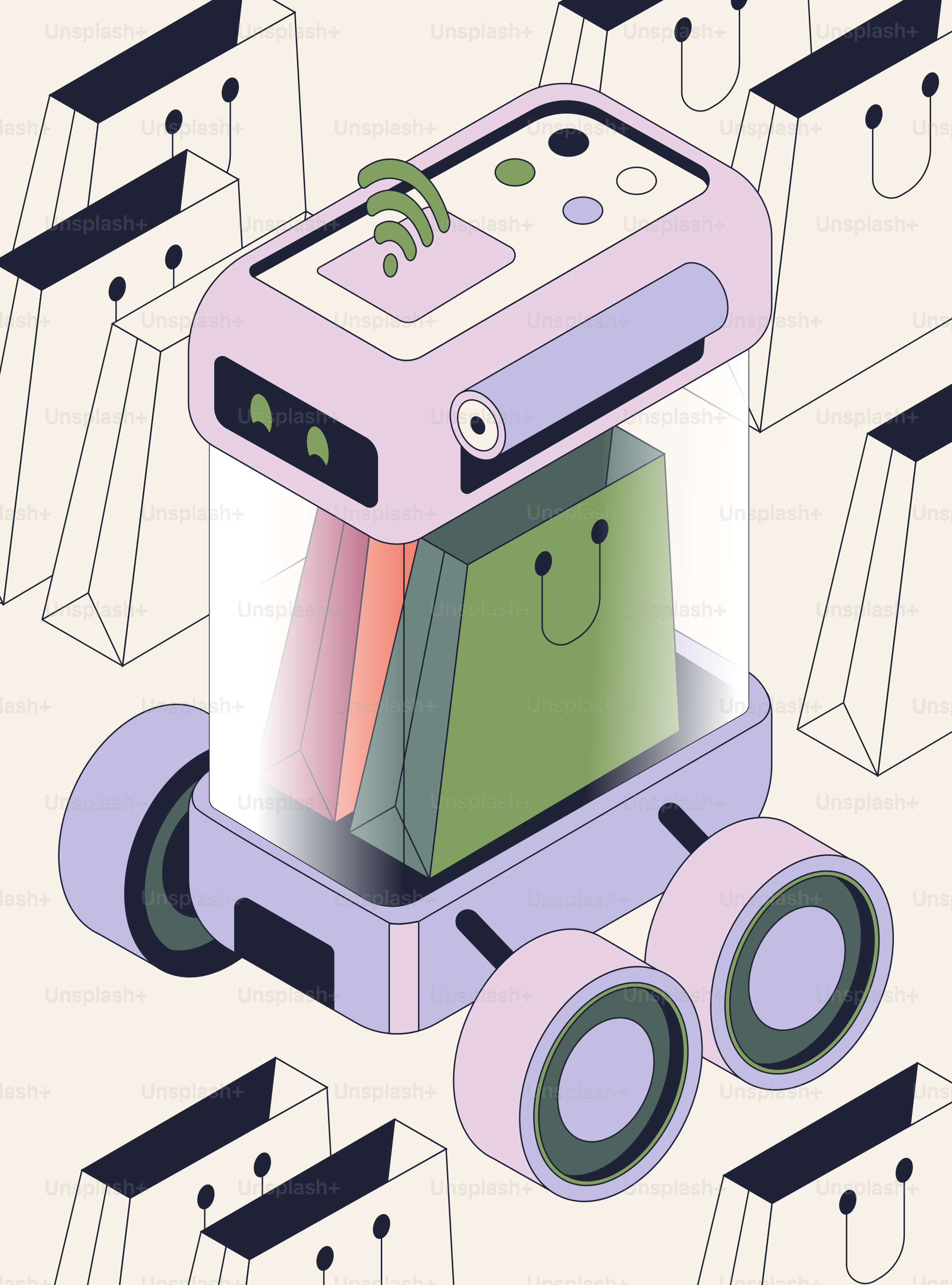 Robot with shopping bags and wifi signal