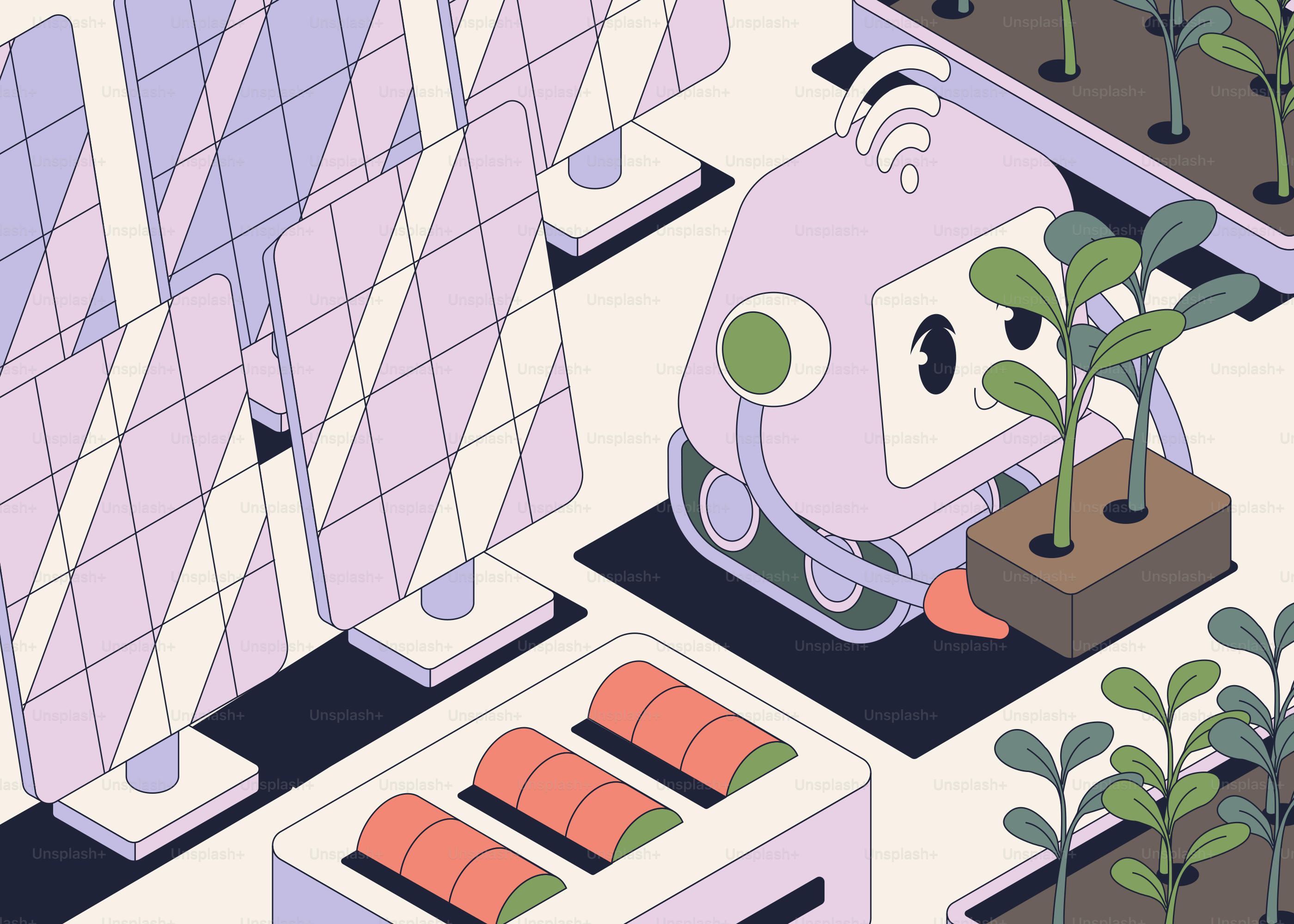 Robot tending plants near solar panels