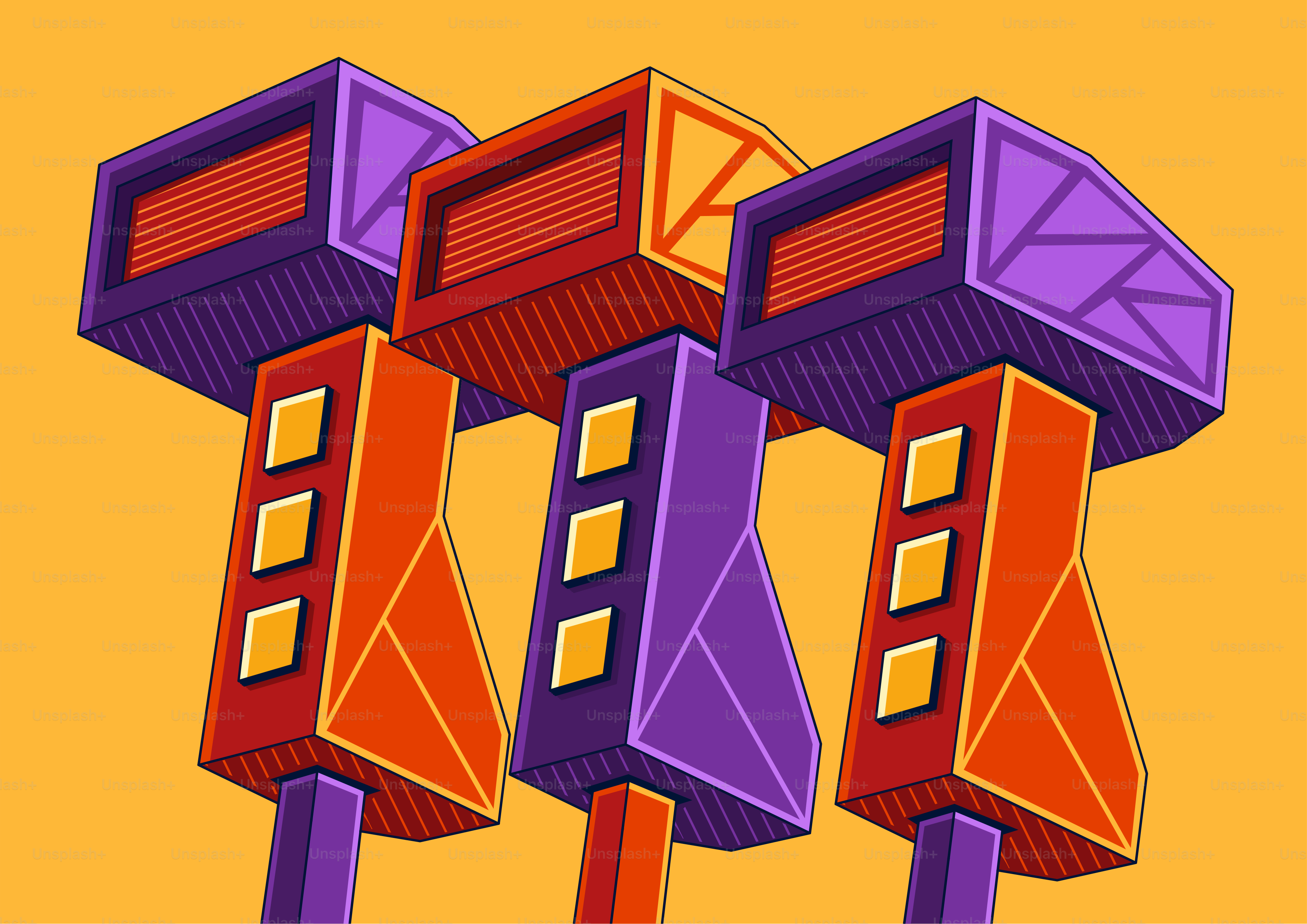 Three abstract, colorful traffic lights against yellow background