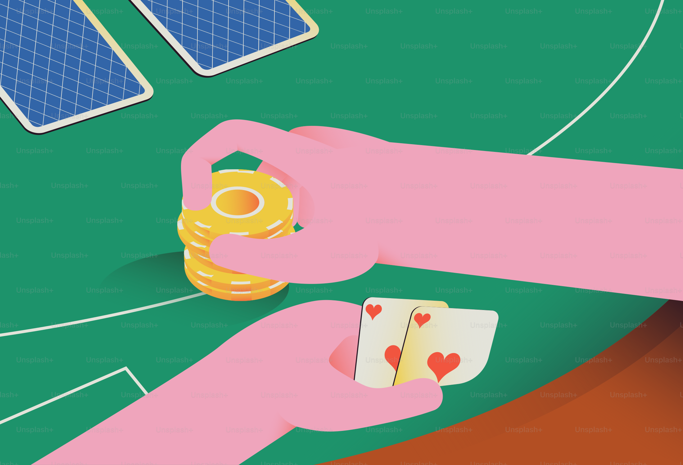 Hands holding cards and chips at a poker table