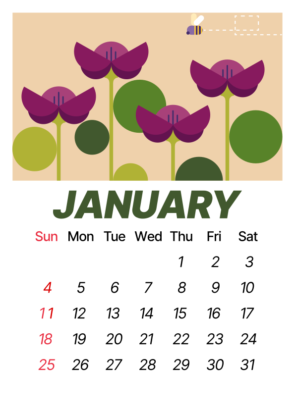 January calendar with purple flowers and bee