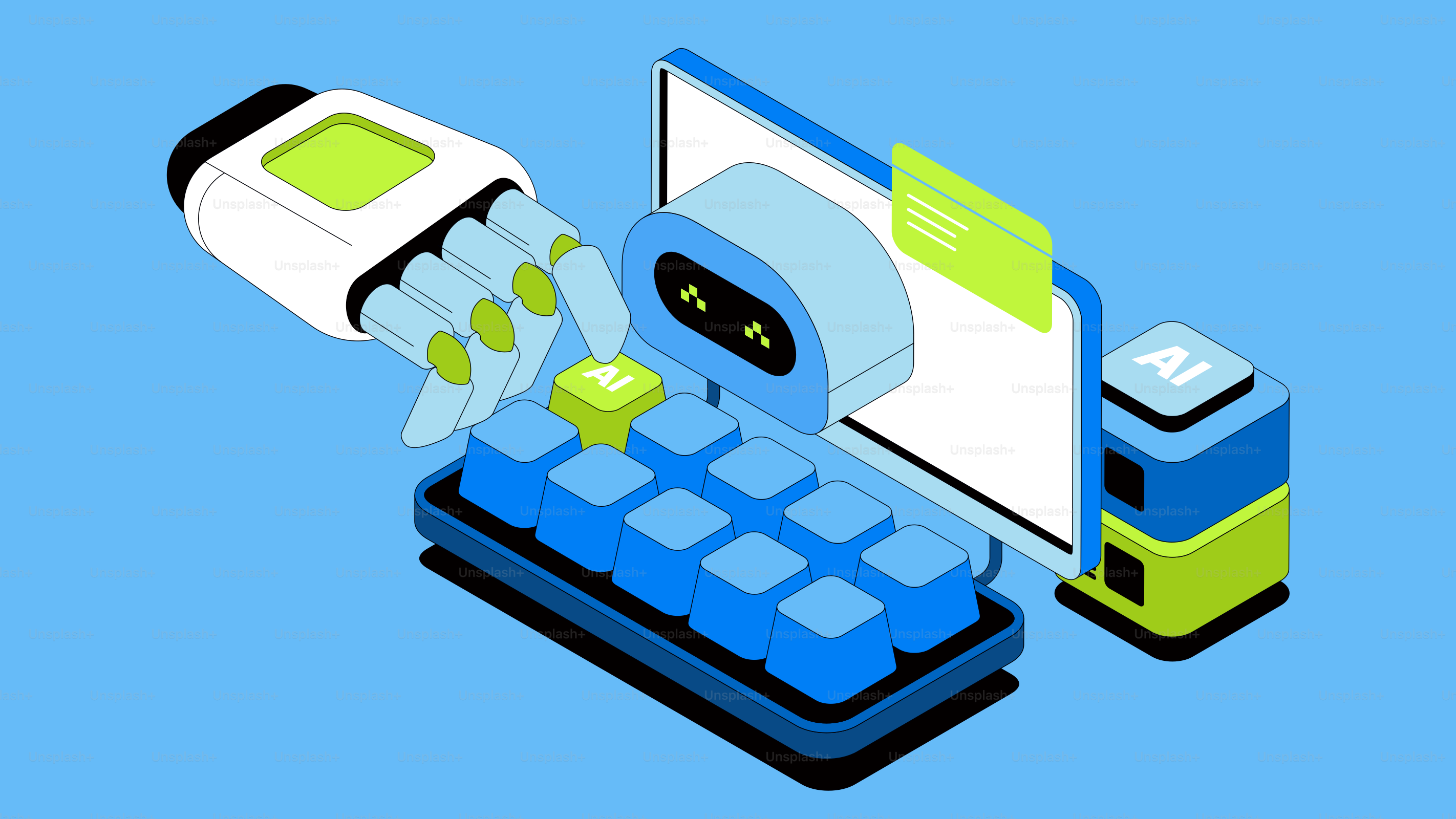 Robot hand typing on keyboard with ai computer