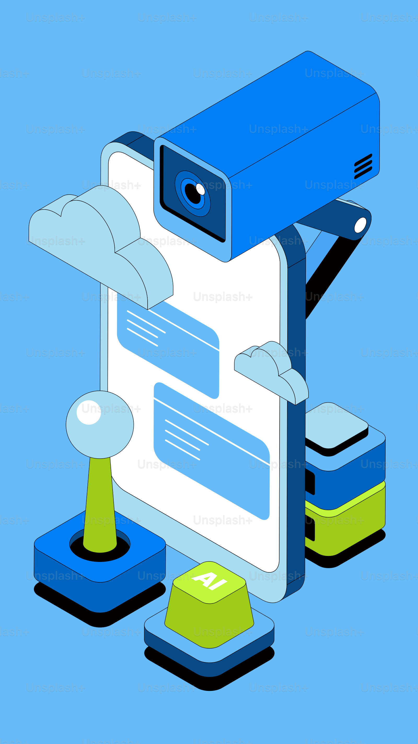 Smartphone with ai, joystick, and camera on blue background.