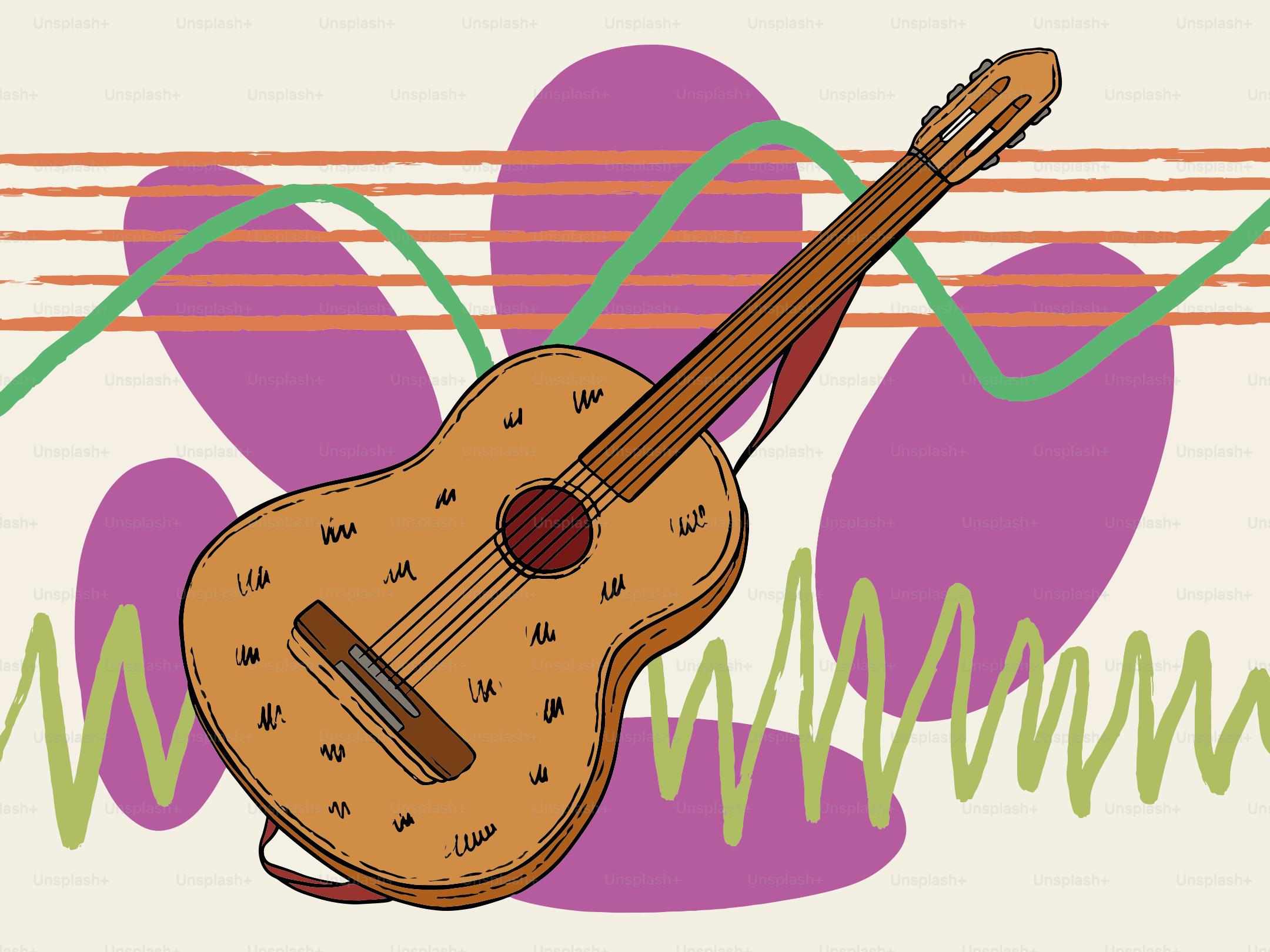 Acoustic guitar with musical notes and abstract shapes.