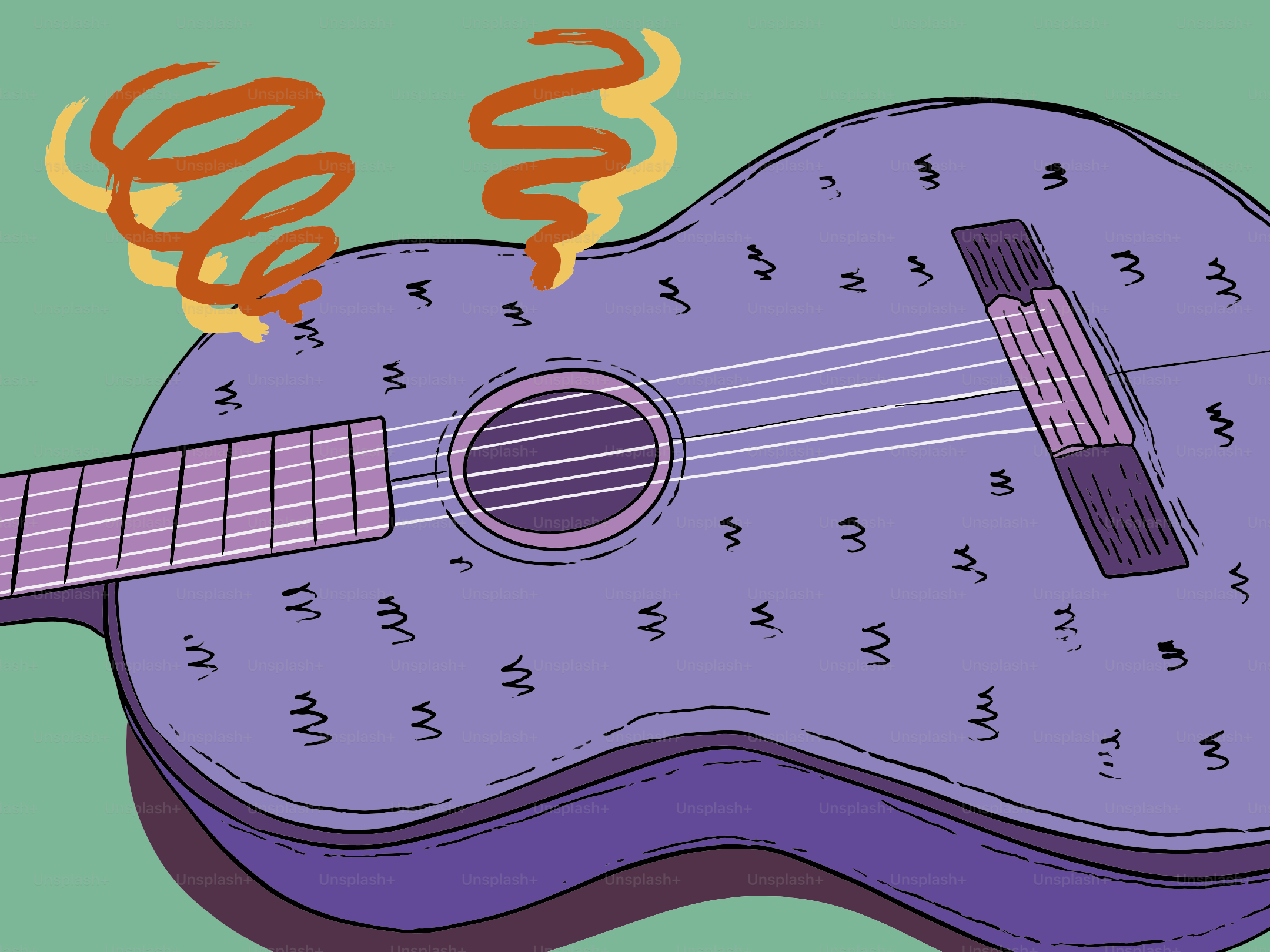 A purple guitar with swirling smoke