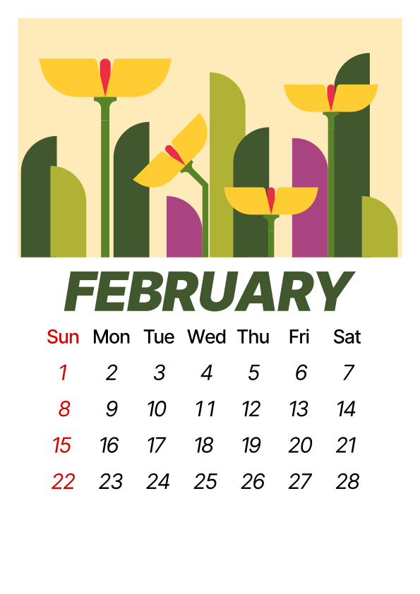 February calendar with abstract floral design