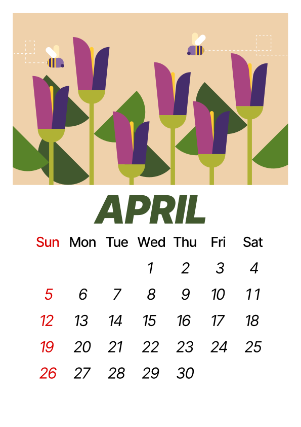 April calendar with purple tulips and bees.