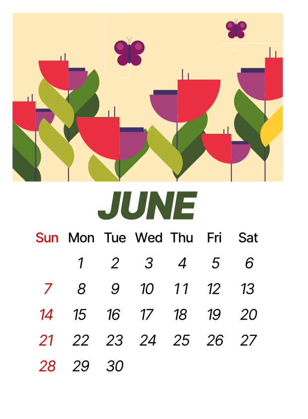 June calendar with abstract flowers and butterflies.