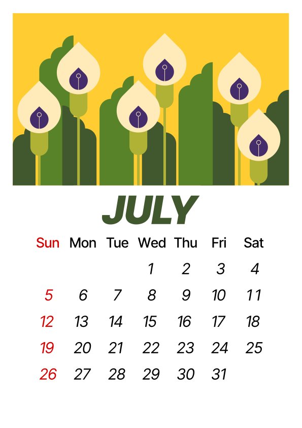 July calendar with white calla lilies