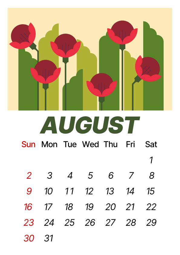 August calendar with red poppies and green foliage