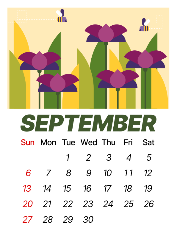 September calendar with floral and bee illustration