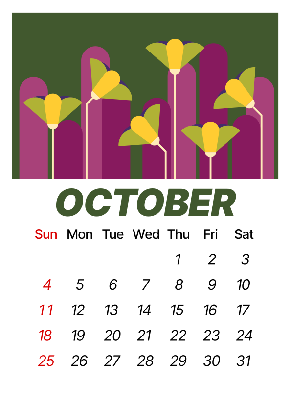 October calendar with floral design