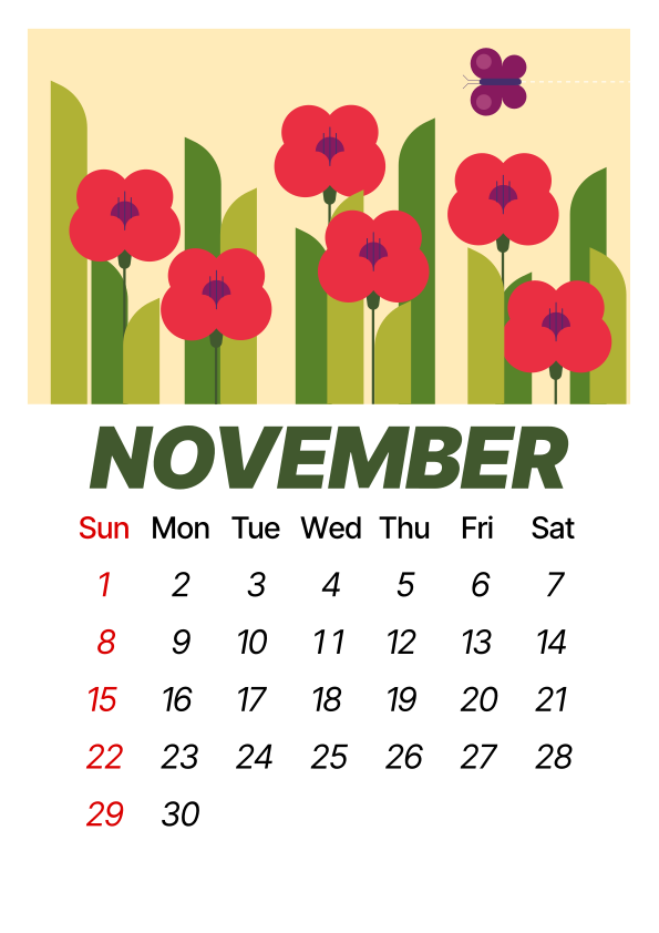 November calendar with red poppies and butterfly