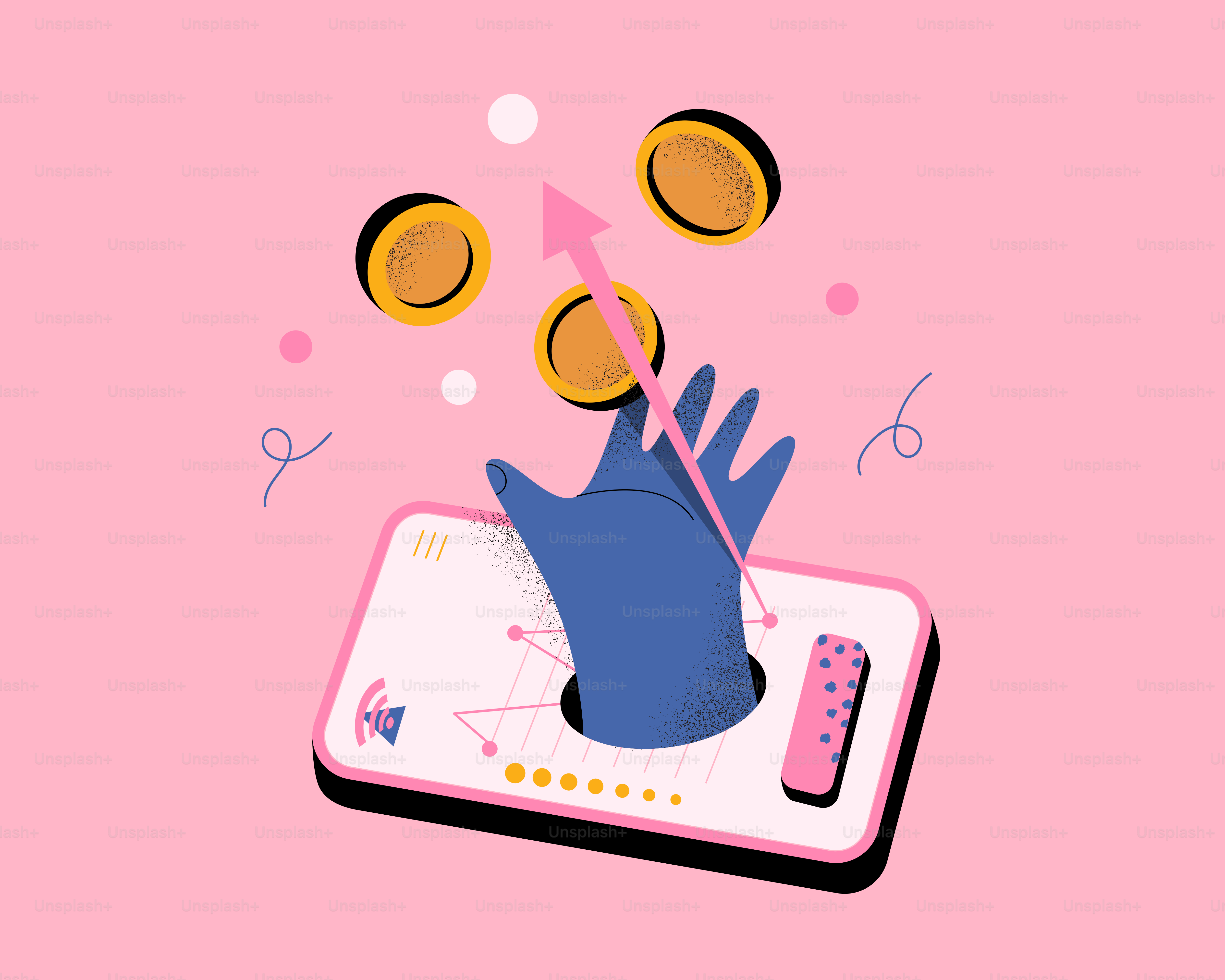Hand reaching from phone with coins and arrow.
