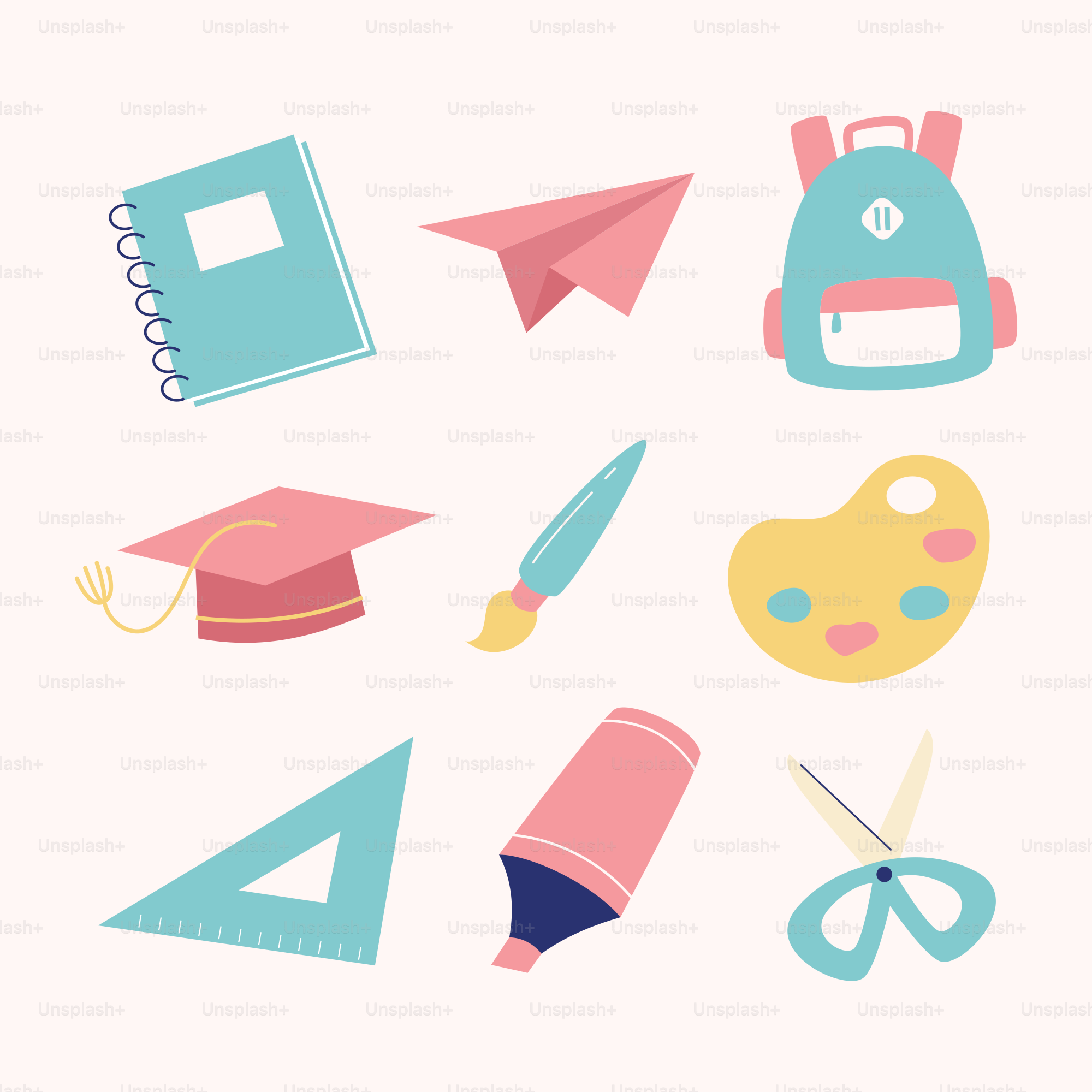 Schulmaterial wie Notizbuch, Papierflieger, Rucksack und Malwerkzeuge.